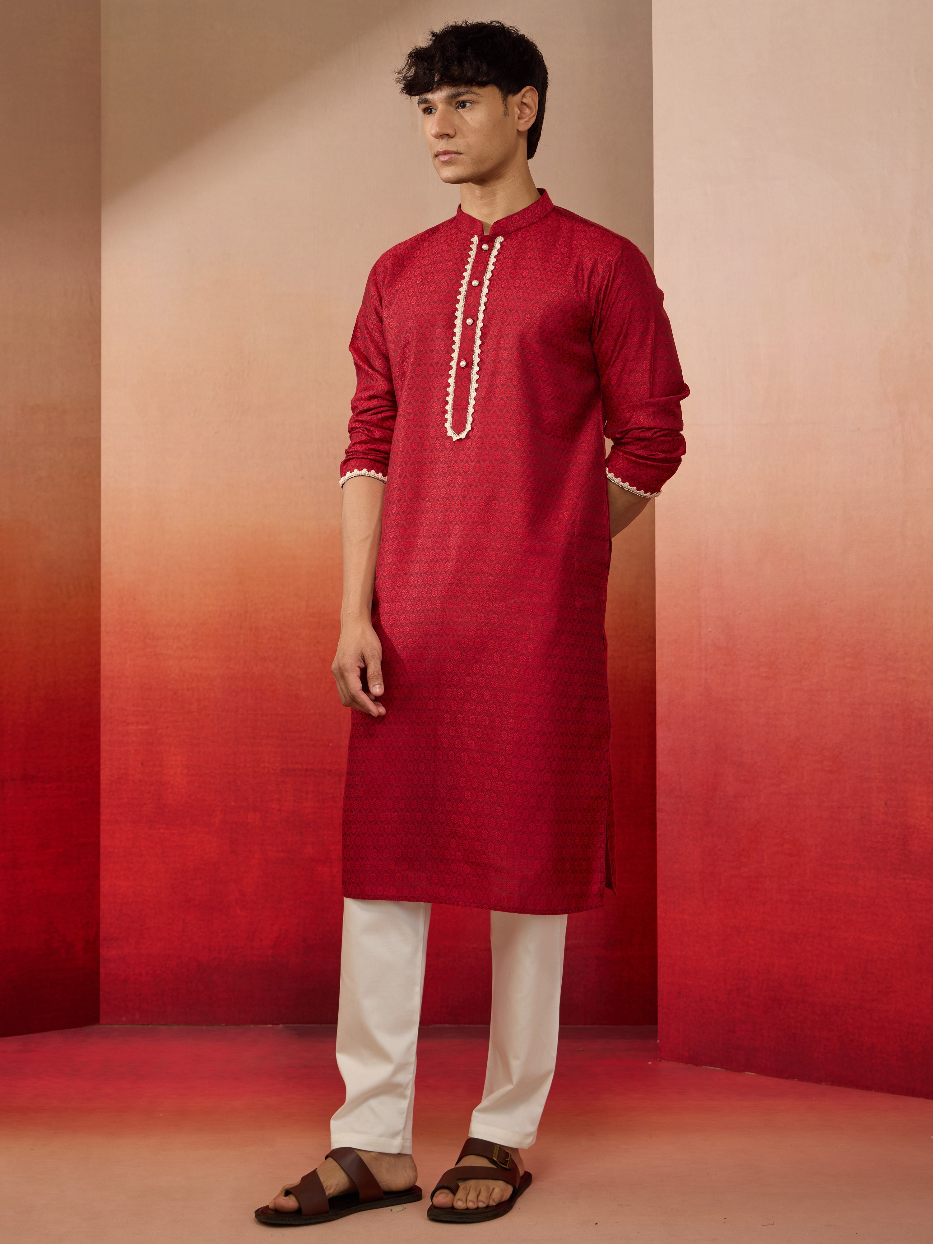 Mens Maroon Jacquard Kurta with Pyjama
