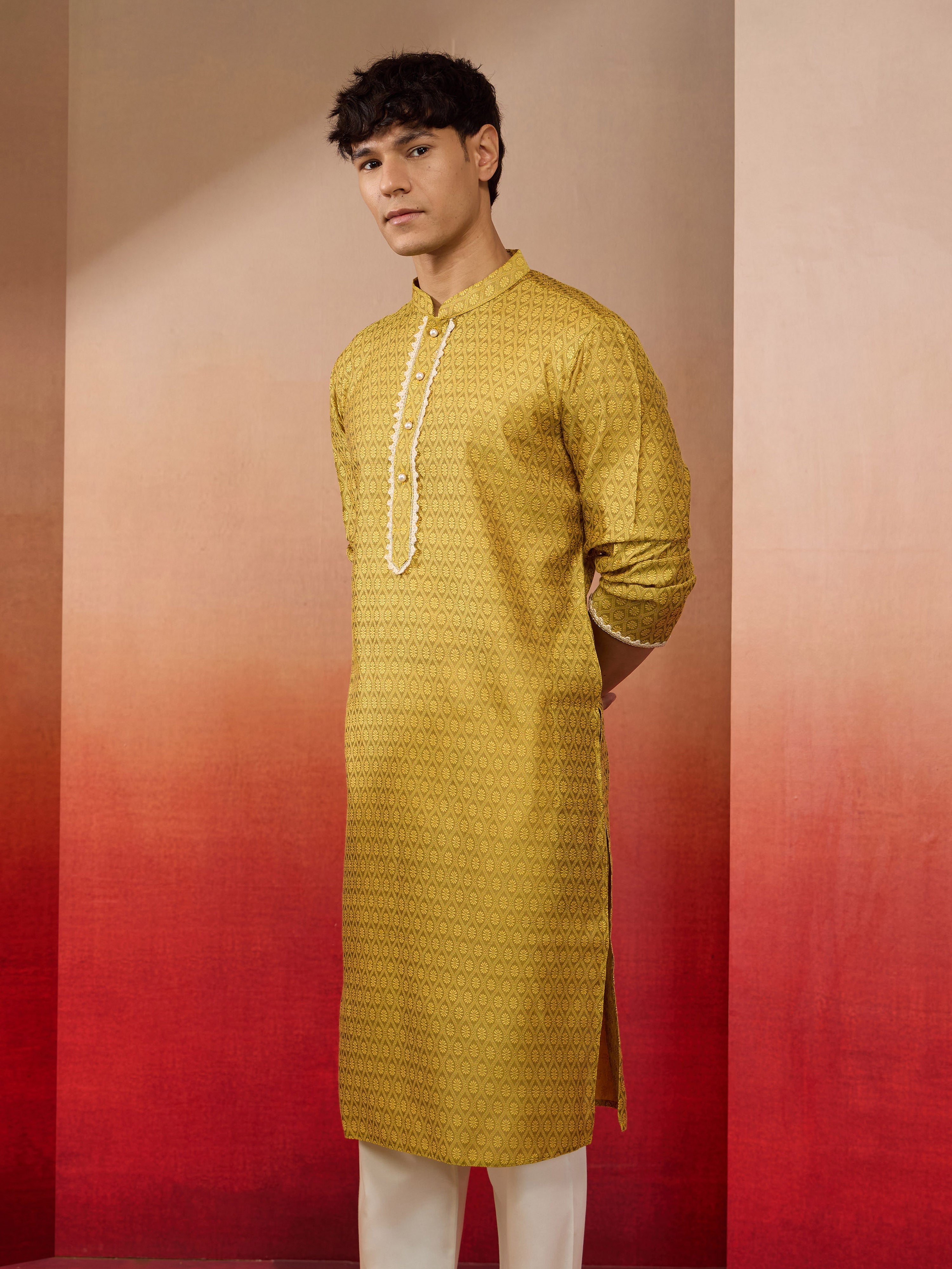 Men's Yellow Silk Jacquard Kurta