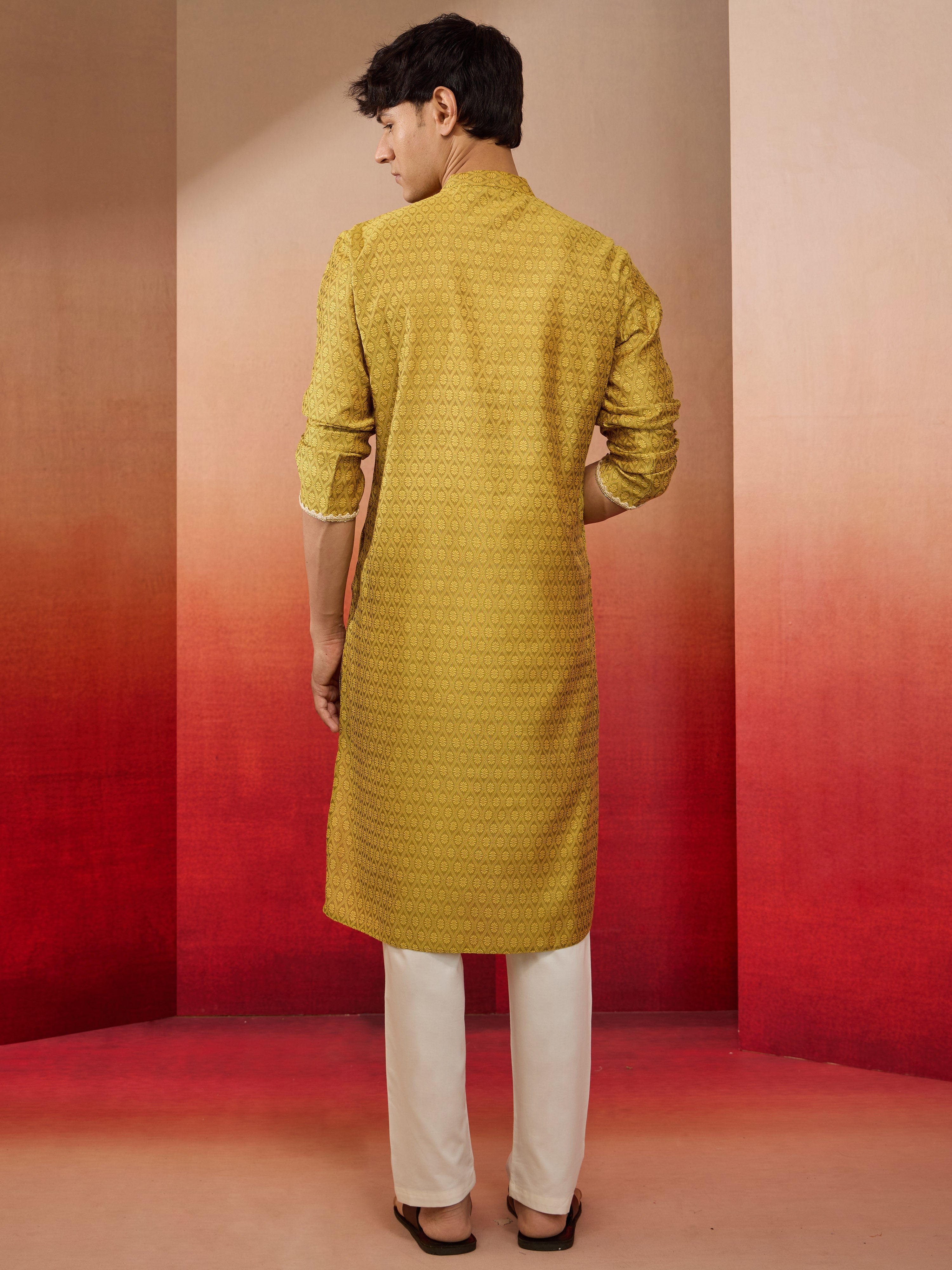 Mens Yellow Jacquard Kurta with Pyjama