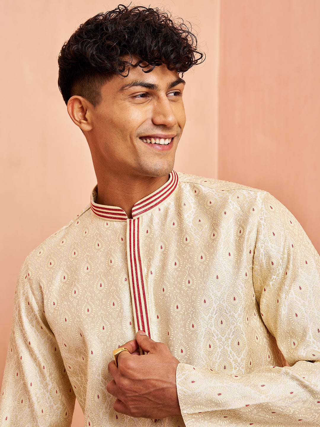 Men Cream Maroon Jacquard Kurta Pyjama Set