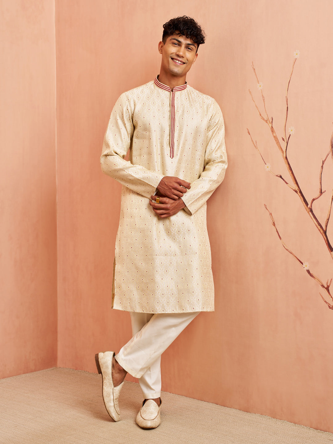 Men's Cream Maroon Jacquard Kurta Pyjama Set Zari Embroidery Wedding