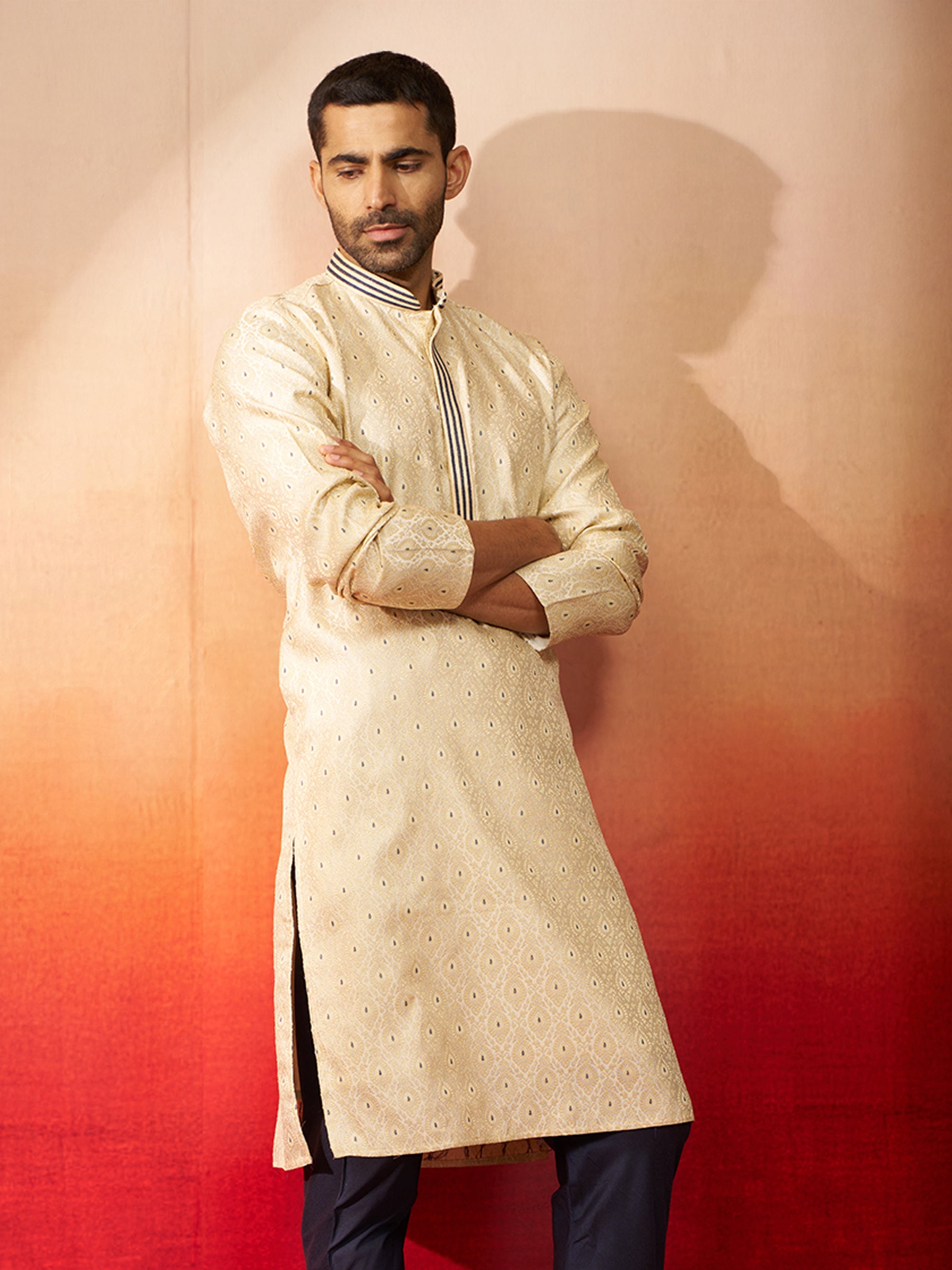 Vastramay Men Cream Royal Blue Silk Jacquard Kurta