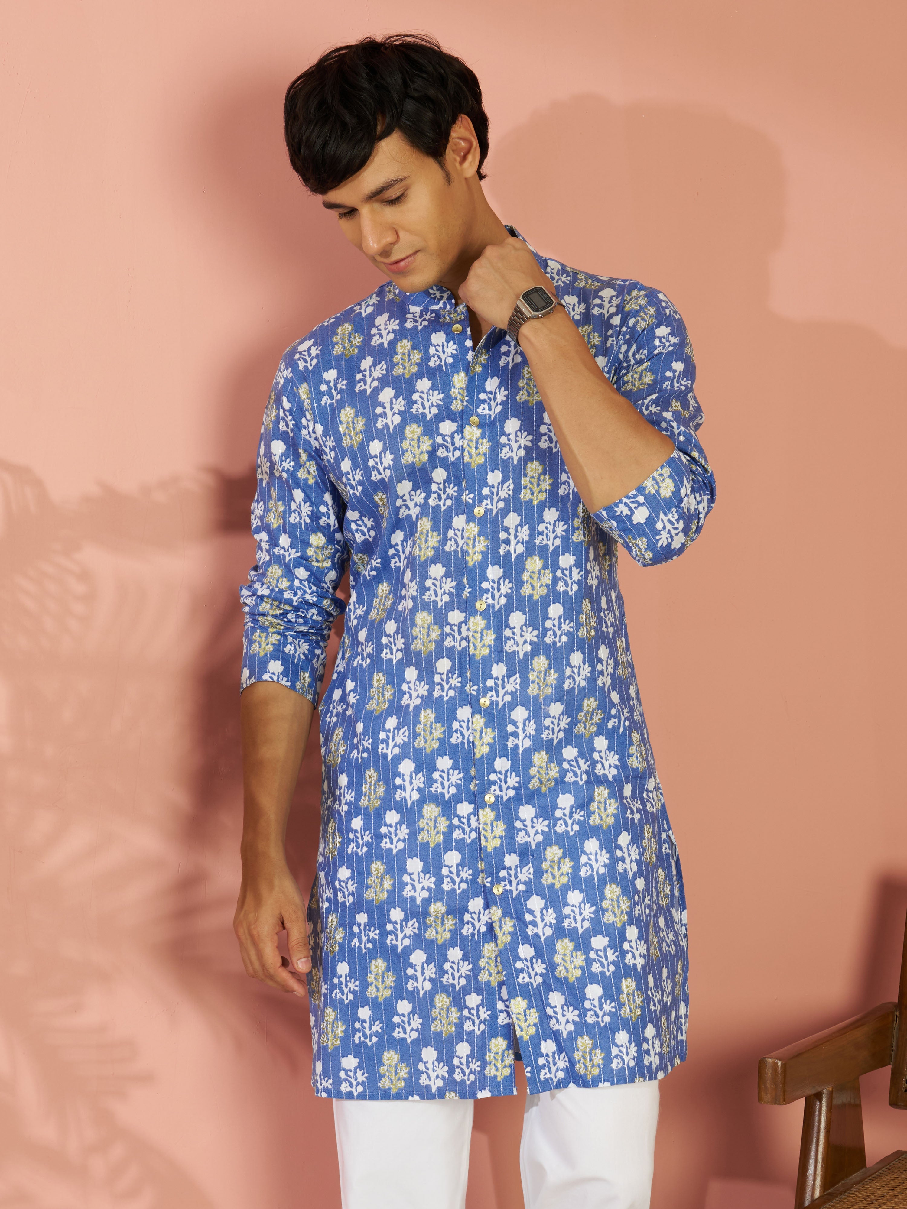 Men's Blue Silk Cotton Blend Floral Printed Thread Embroidered Mid-Length Kurta