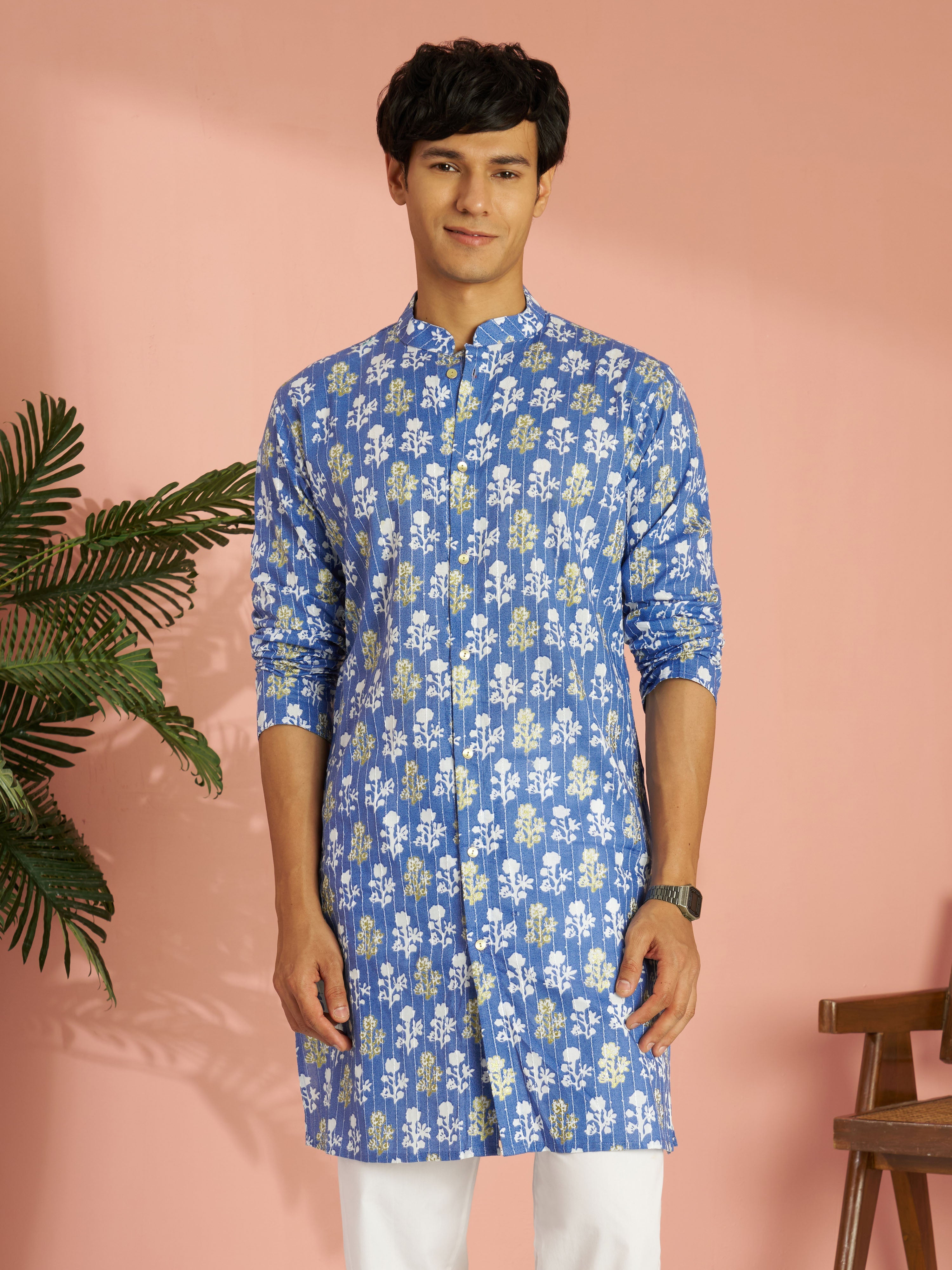 Men's Blue Silk Cotton Blend Floral Printed Thread Embroidered Mid-Length Kurta