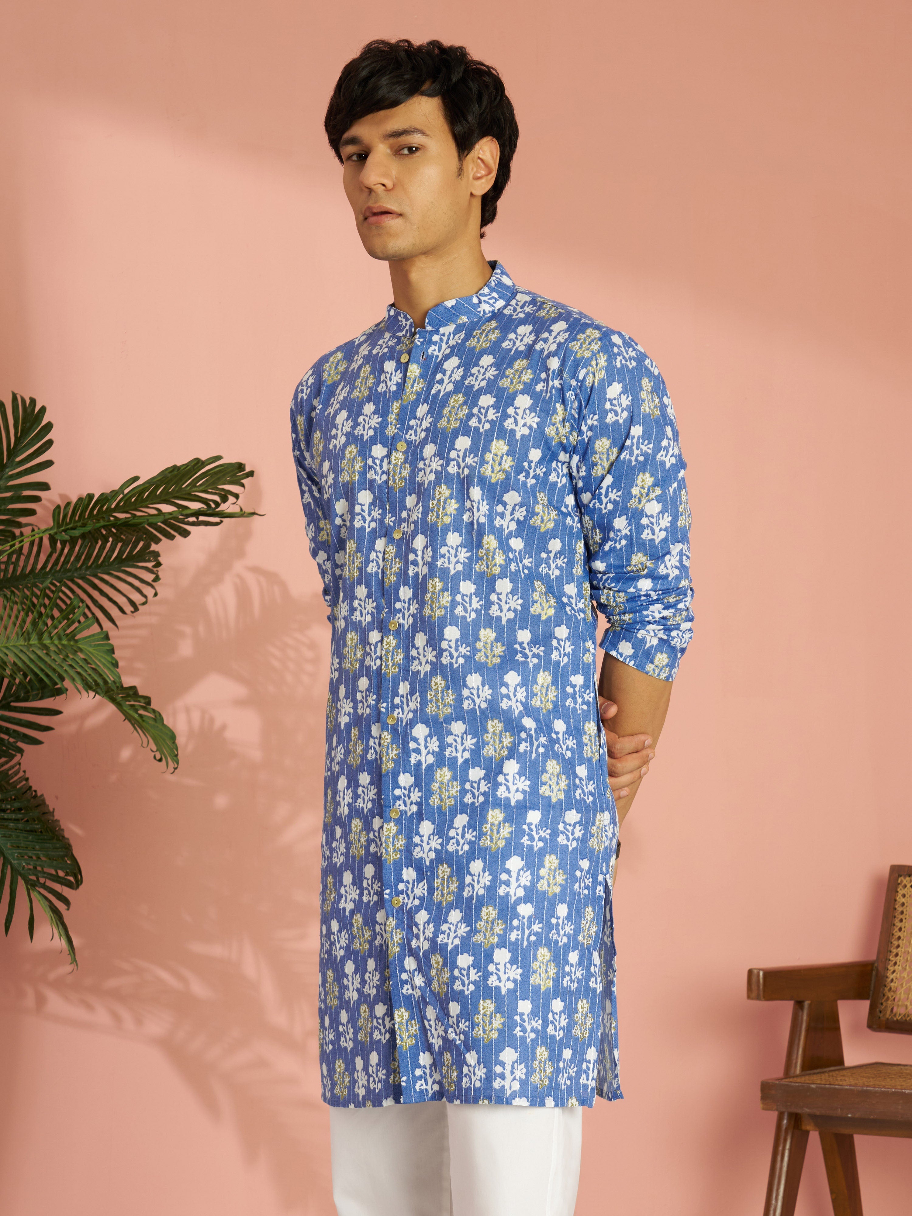 Men's Blue Silk Cotton Blend Floral Printed Thread Embroidered Mid-Length Kurta