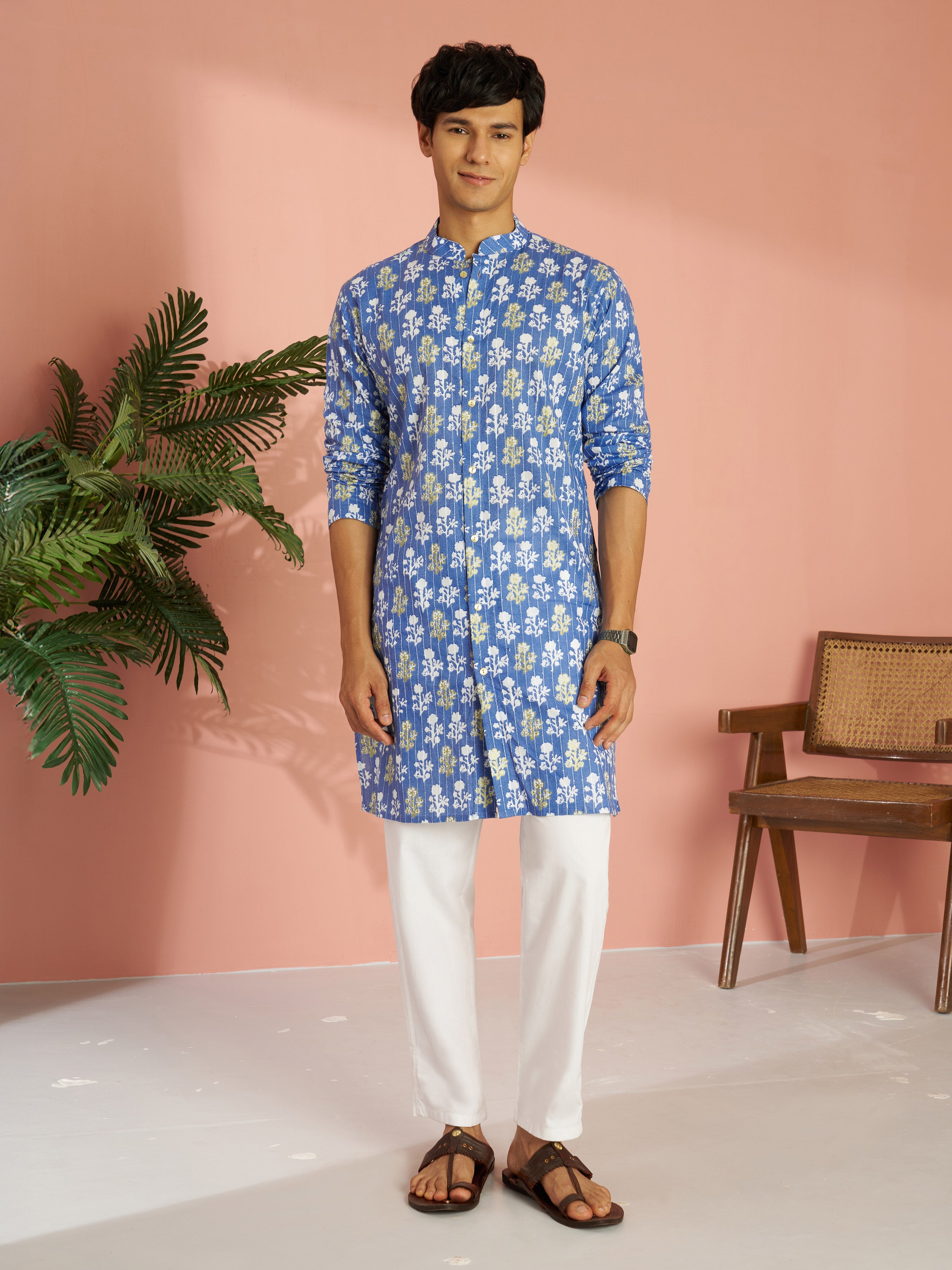 Men's Blue Silk Blend Floral Printed Embroidered Kurta with White Pyjama Set
