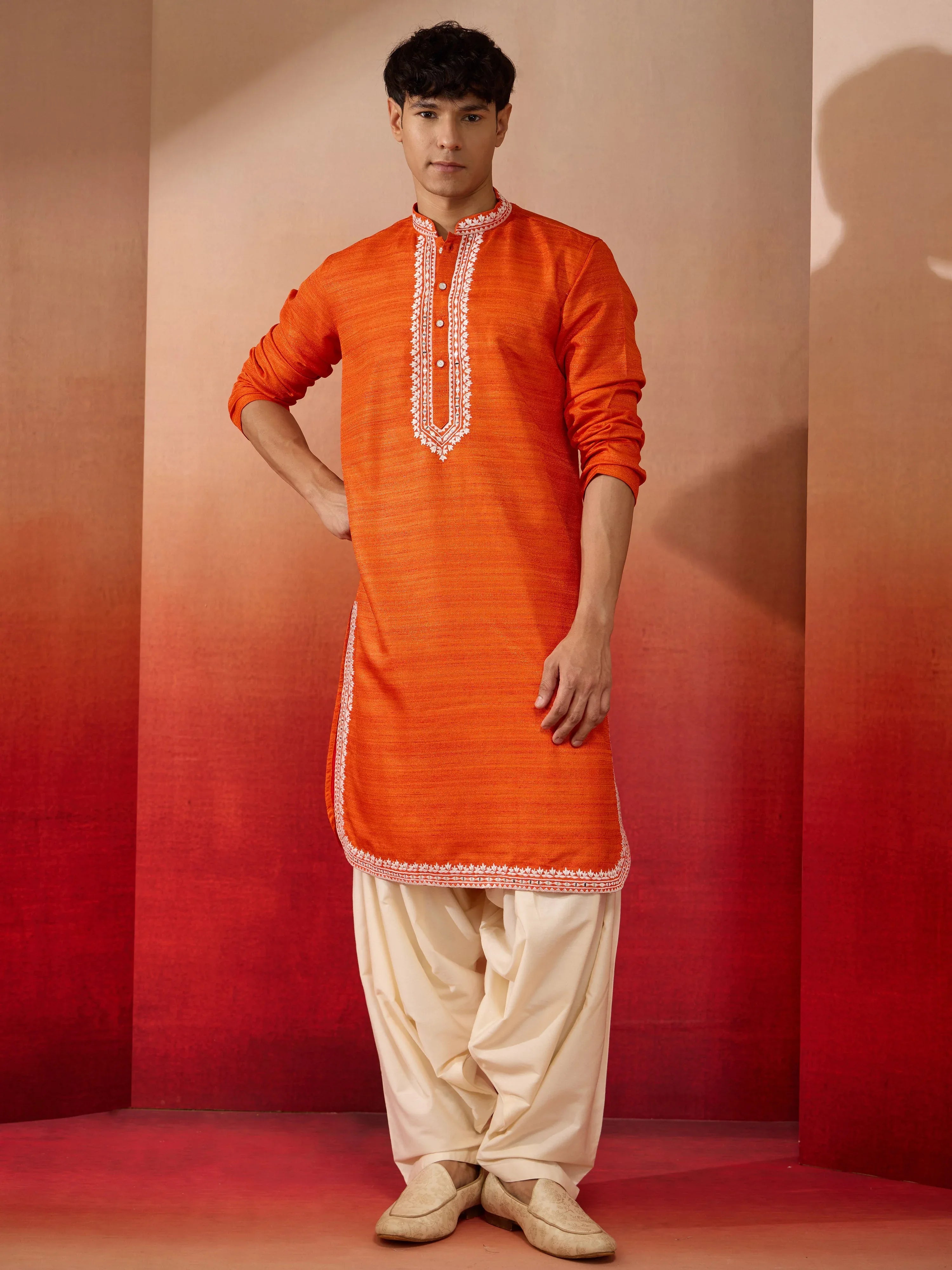 Men's Orange Hand Embroidered Silk Kurta