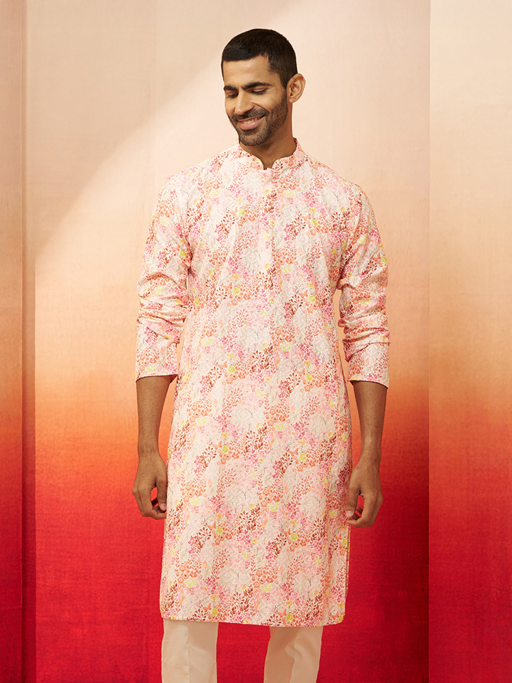 Men Multi Color Cotton Floral Sequin Kurta