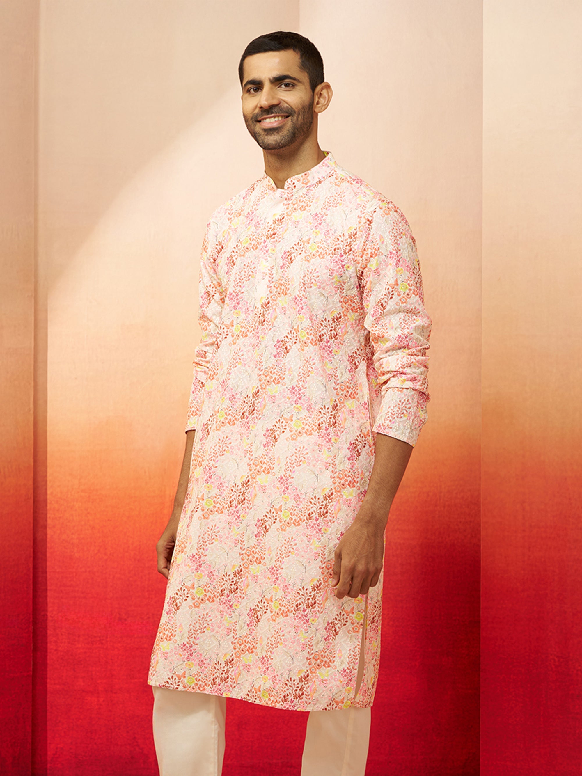 Men Multi Color Cotton Floral Sequin Kurta