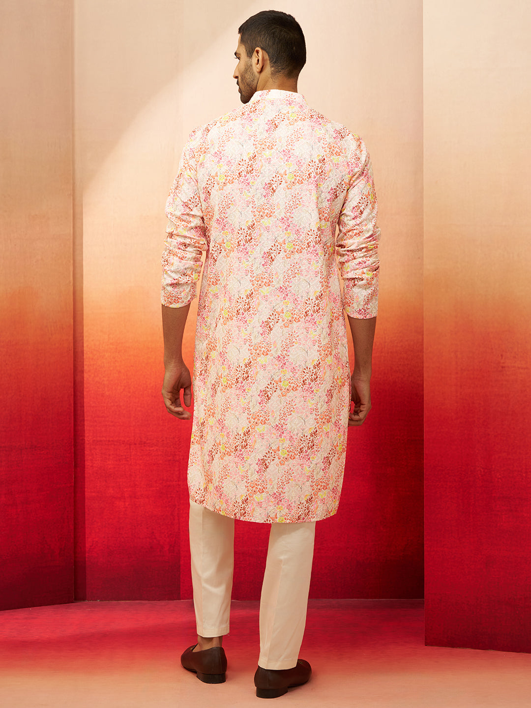 Men's Multicolor Digital Print Kurta with Cream Pants Set