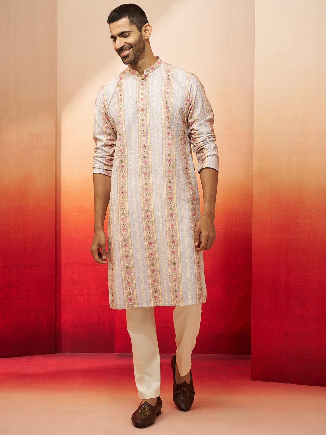 Men Grey Cotton Sequin Embroidered Kurta