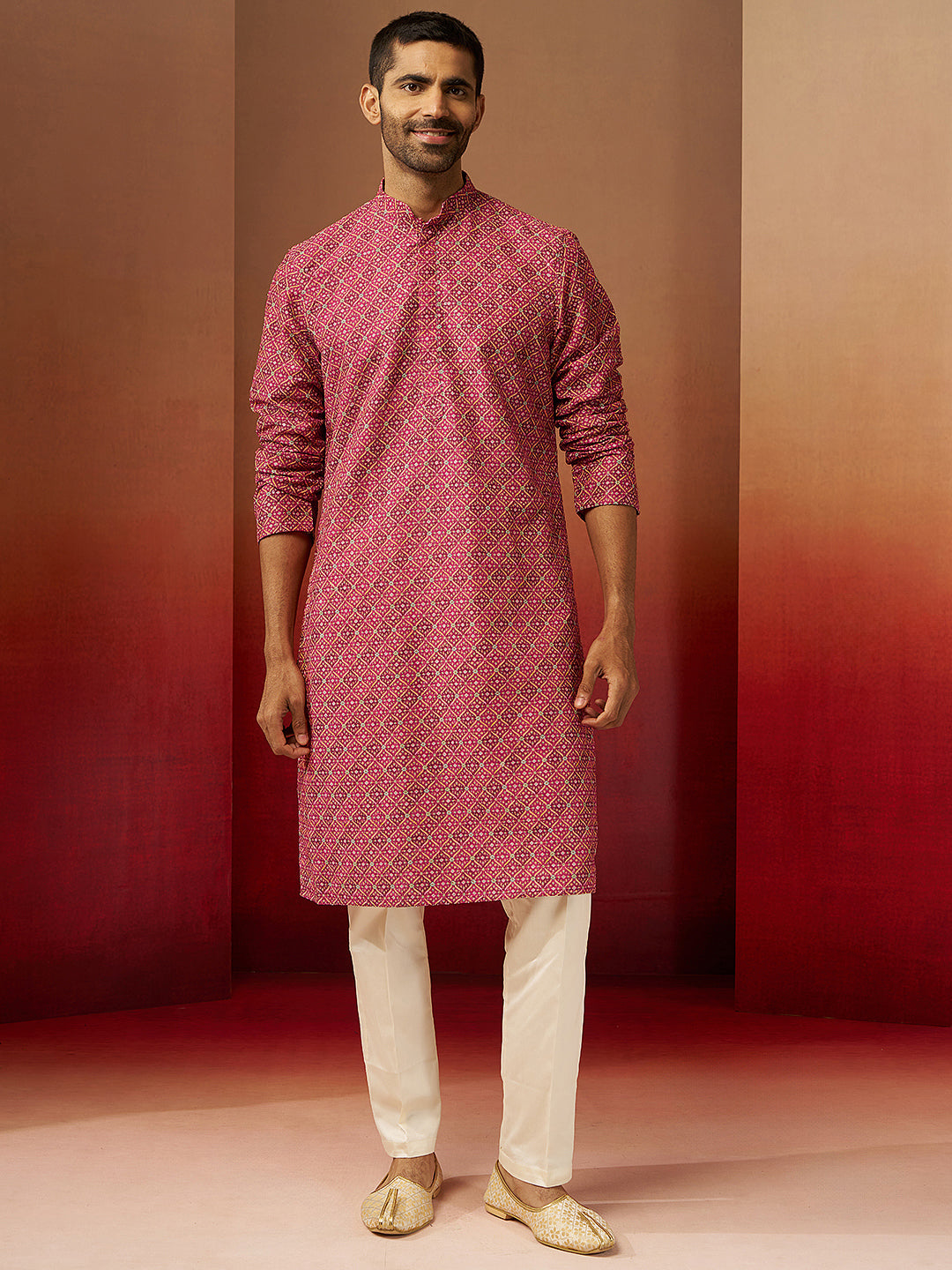 Men Falsa Cotton Gems Work Kurta