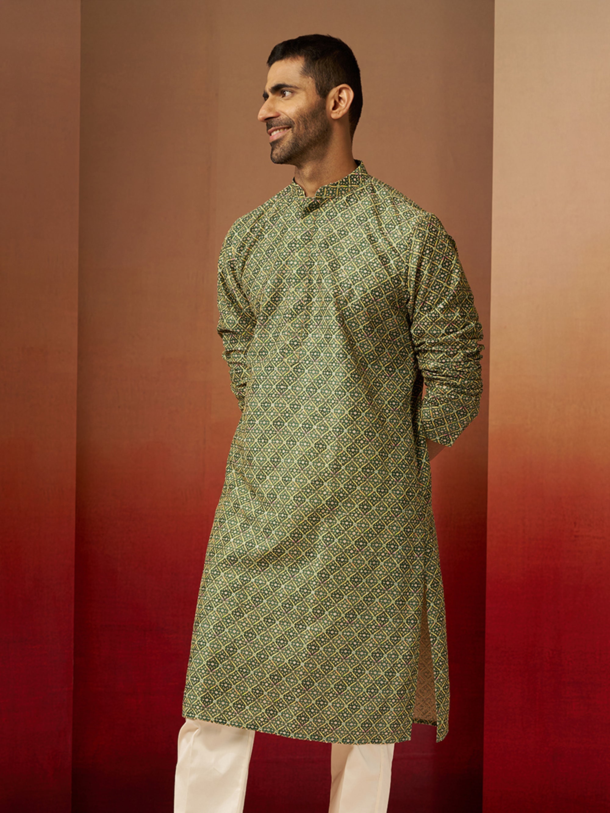 Vastramay Men Green Cotton Gems Work Kurta