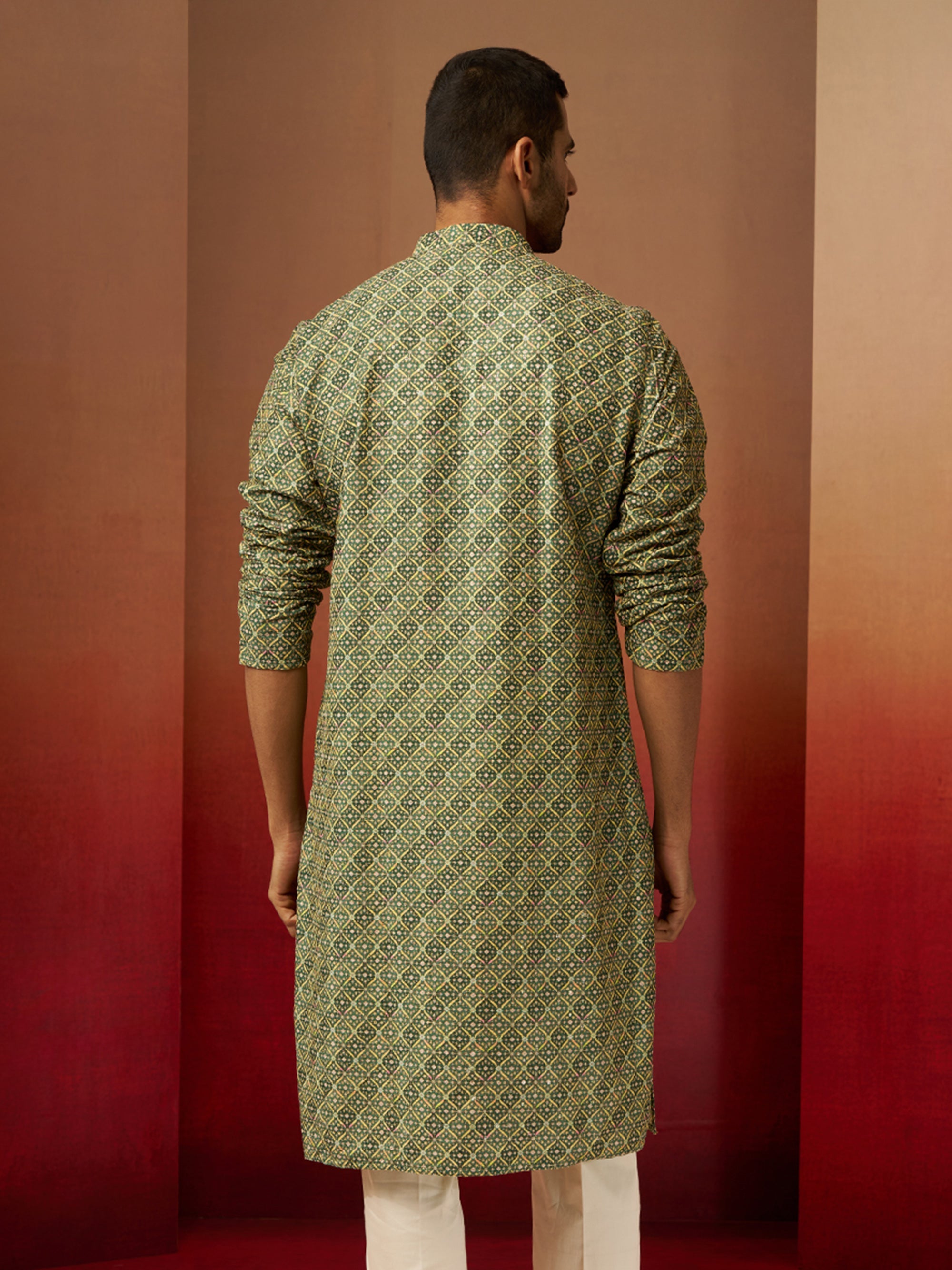 Vastramay Men Green Cotton Gems Work Kurta