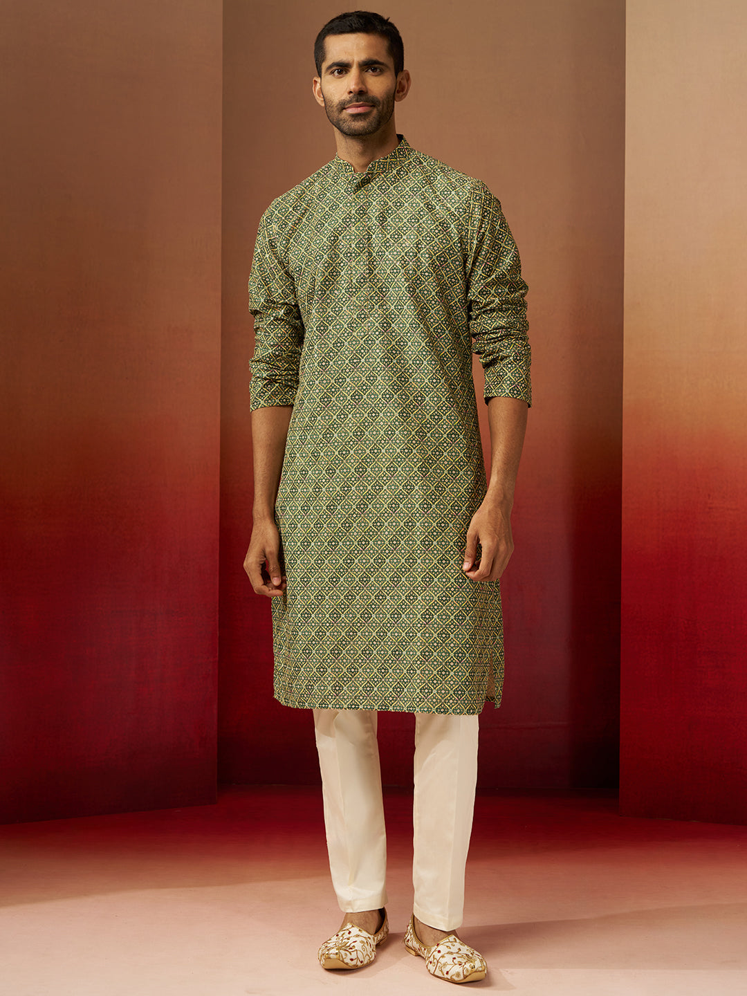 Vastramay Men Green Cotton Gems Work Kurta