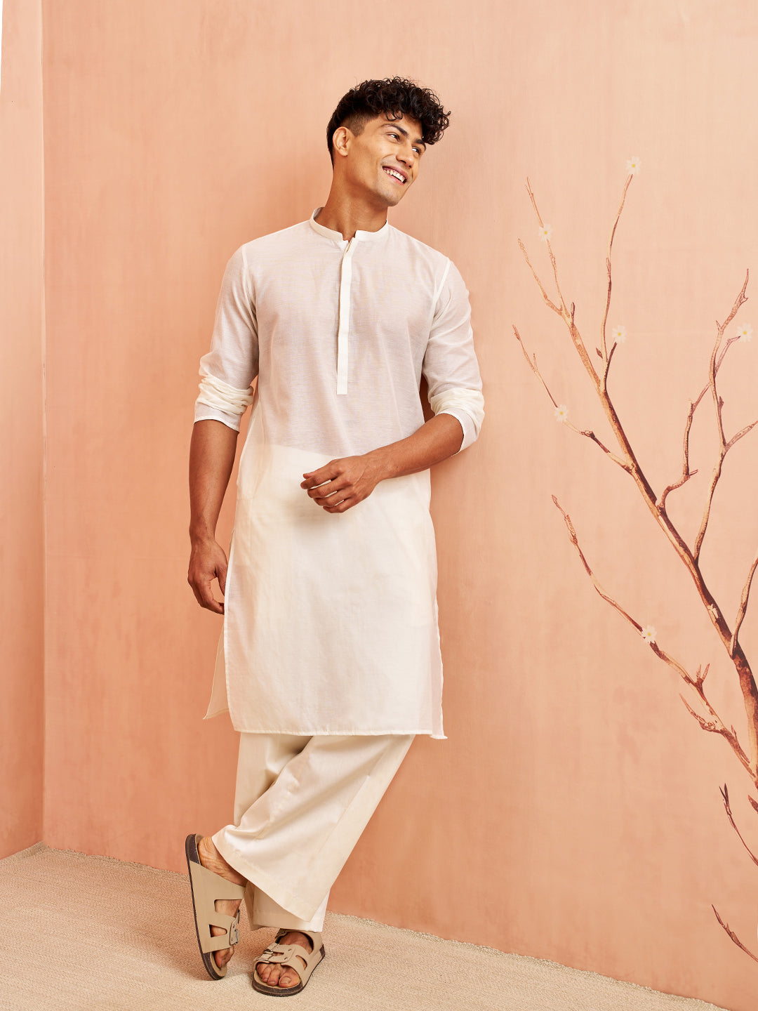 Men's Cream Chanderi Kurta with Cream Pant Set