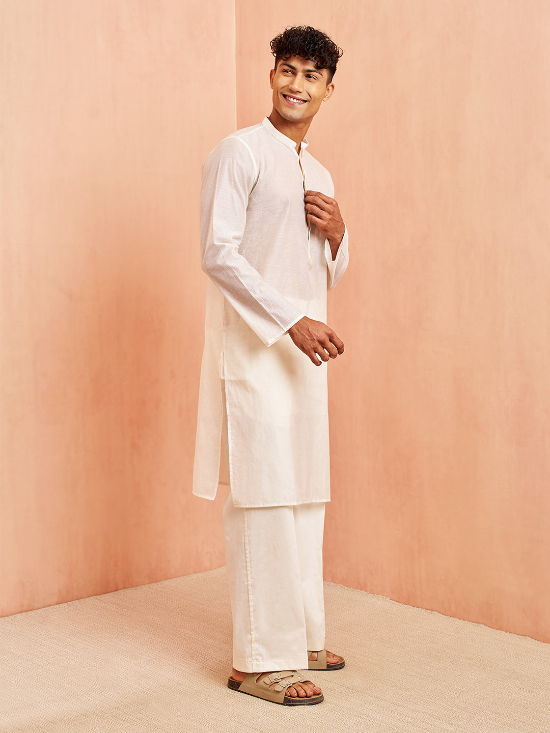 Men's Cream Chanderi Kurta with Cream Pant Set
