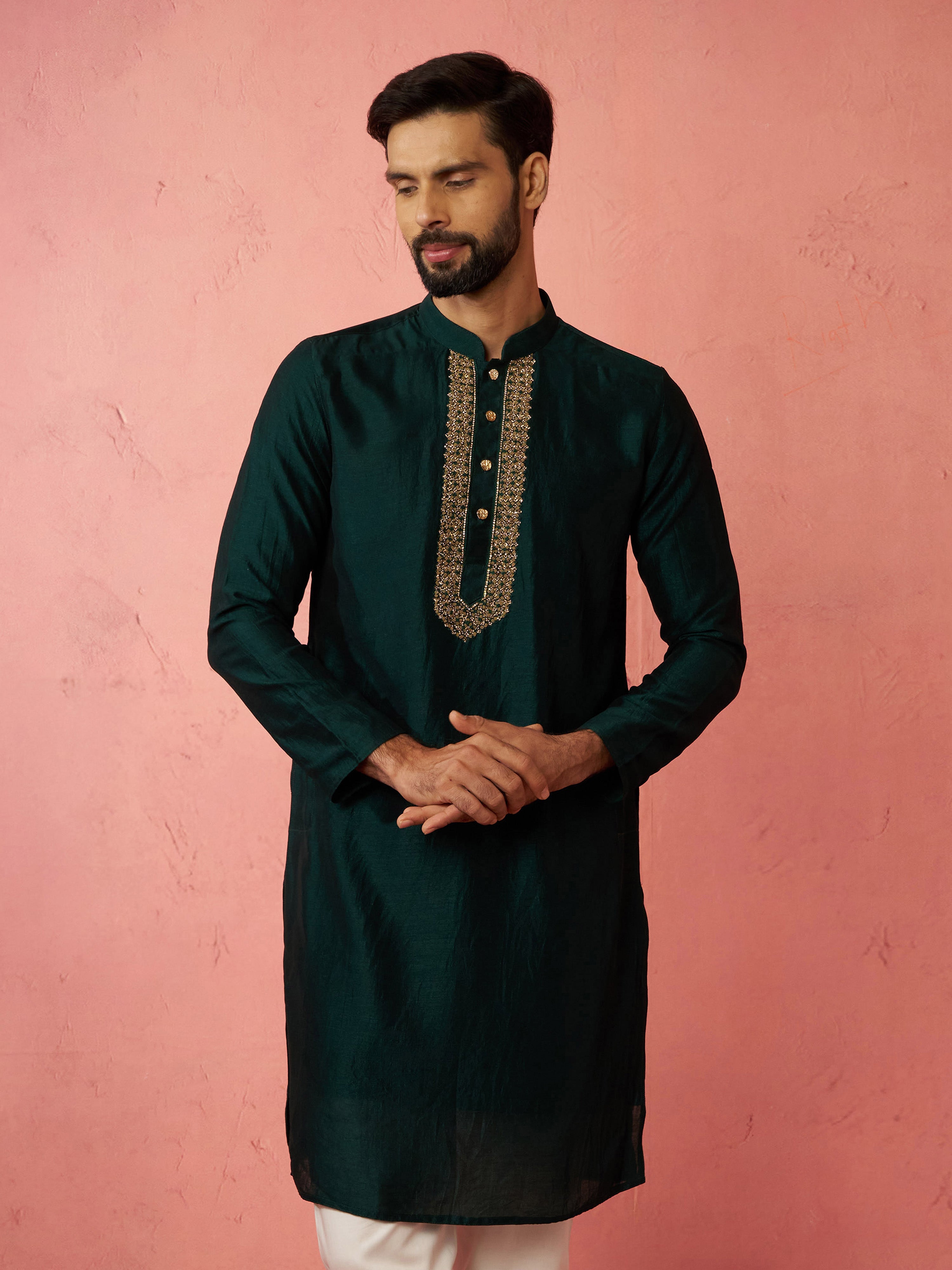 Men's's Bottle Green Vichitra Silk Kurta - Traditional Embroidered Wedding Ethnic