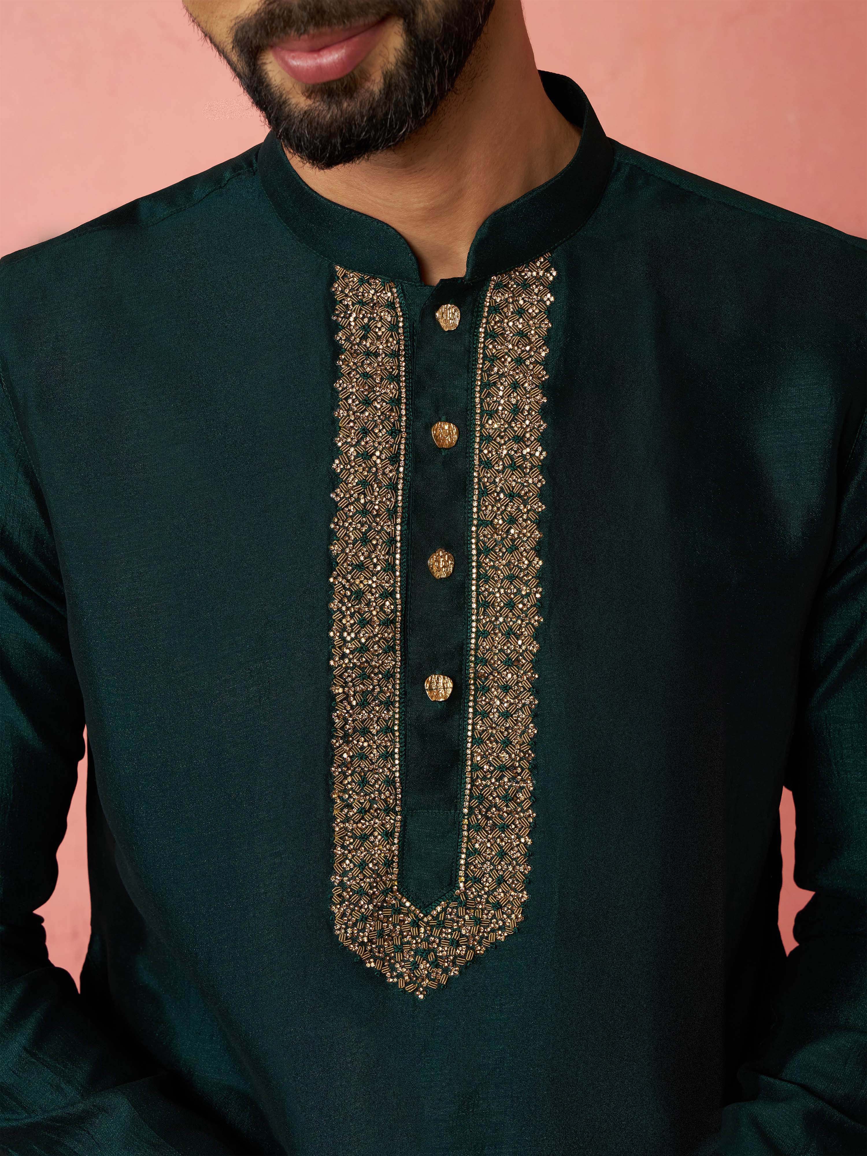 Men's's Bottle Green Vichitra Silk Kurta - Traditional Embroidered Wedding Ethnic