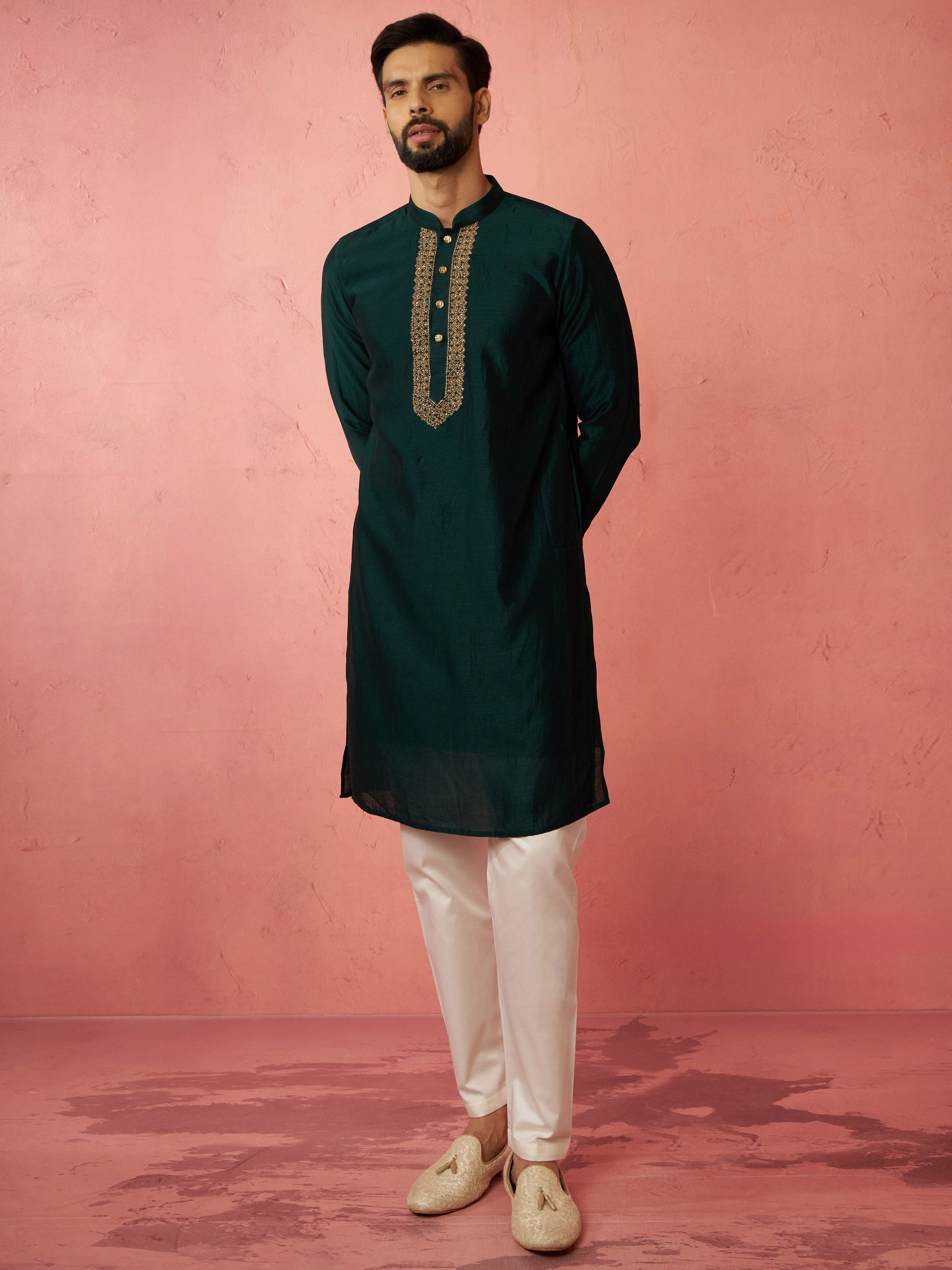 Men's's Bottle Green Silk Kurta with Cream Pyjama - Wedding Set