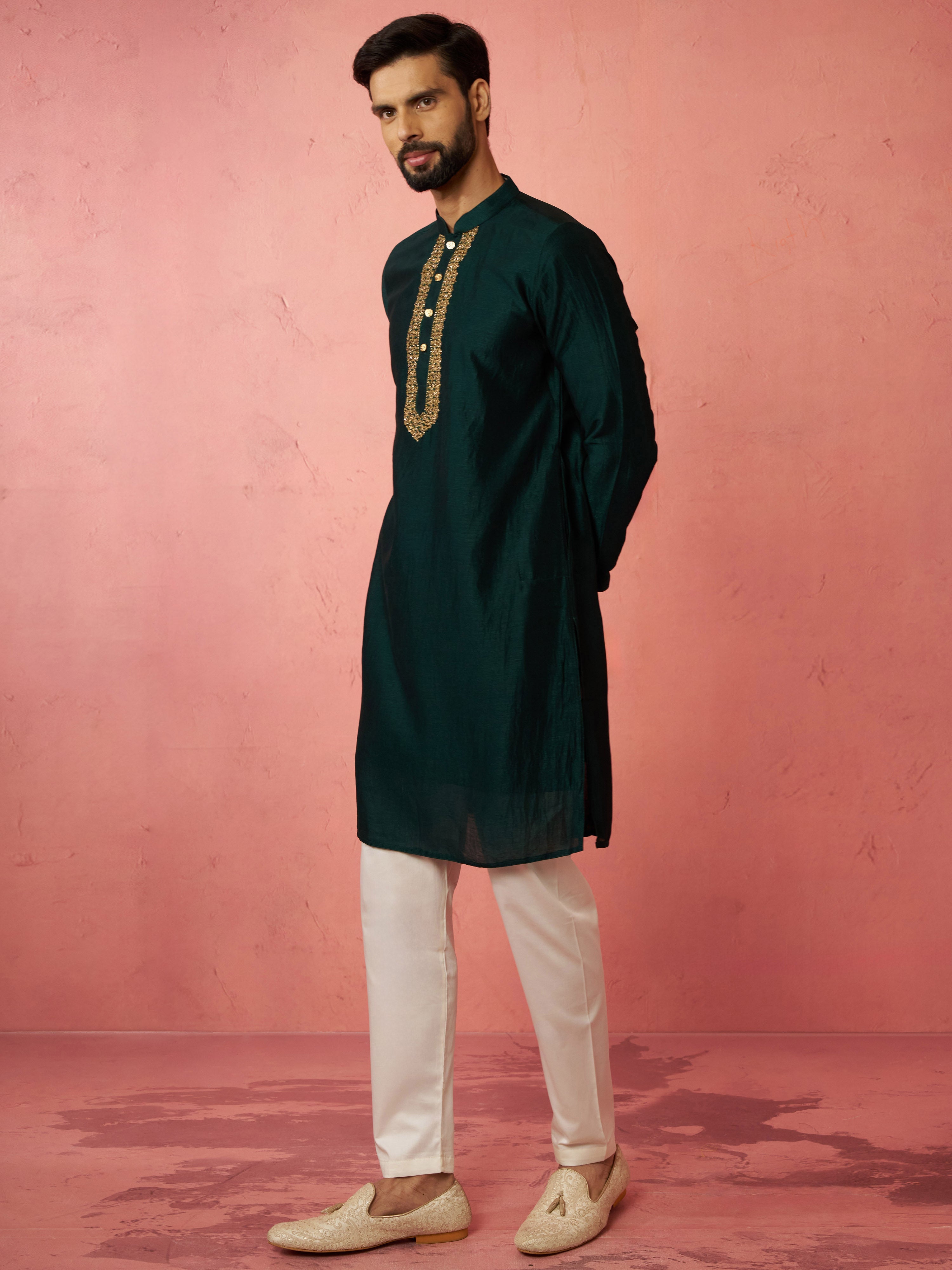 Men's's Bottle Green Silk Kurta with Cream Pyjama - Wedding Set