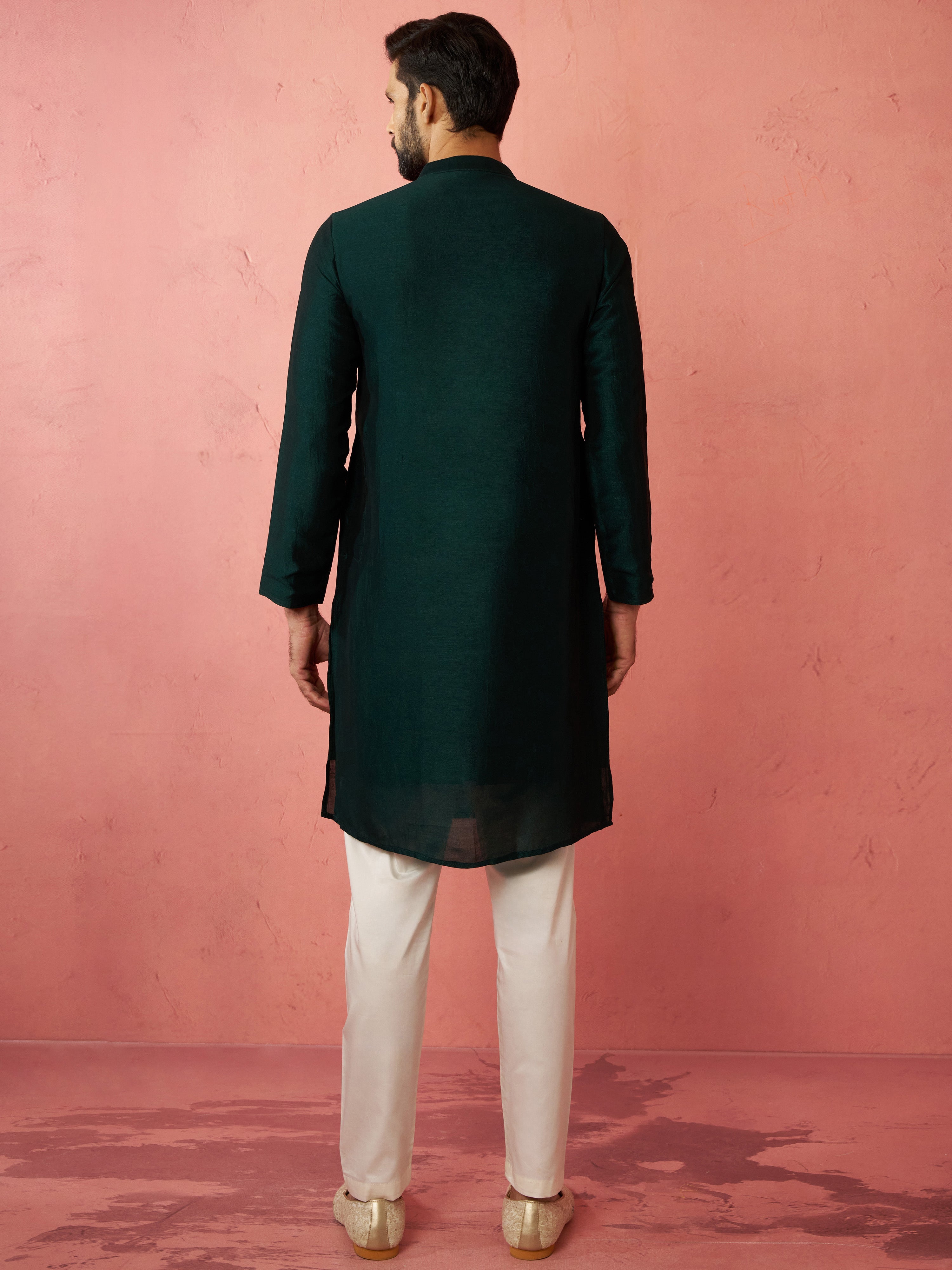 Men's's Bottle Green Silk Kurta with Cream Pyjama - Wedding Set