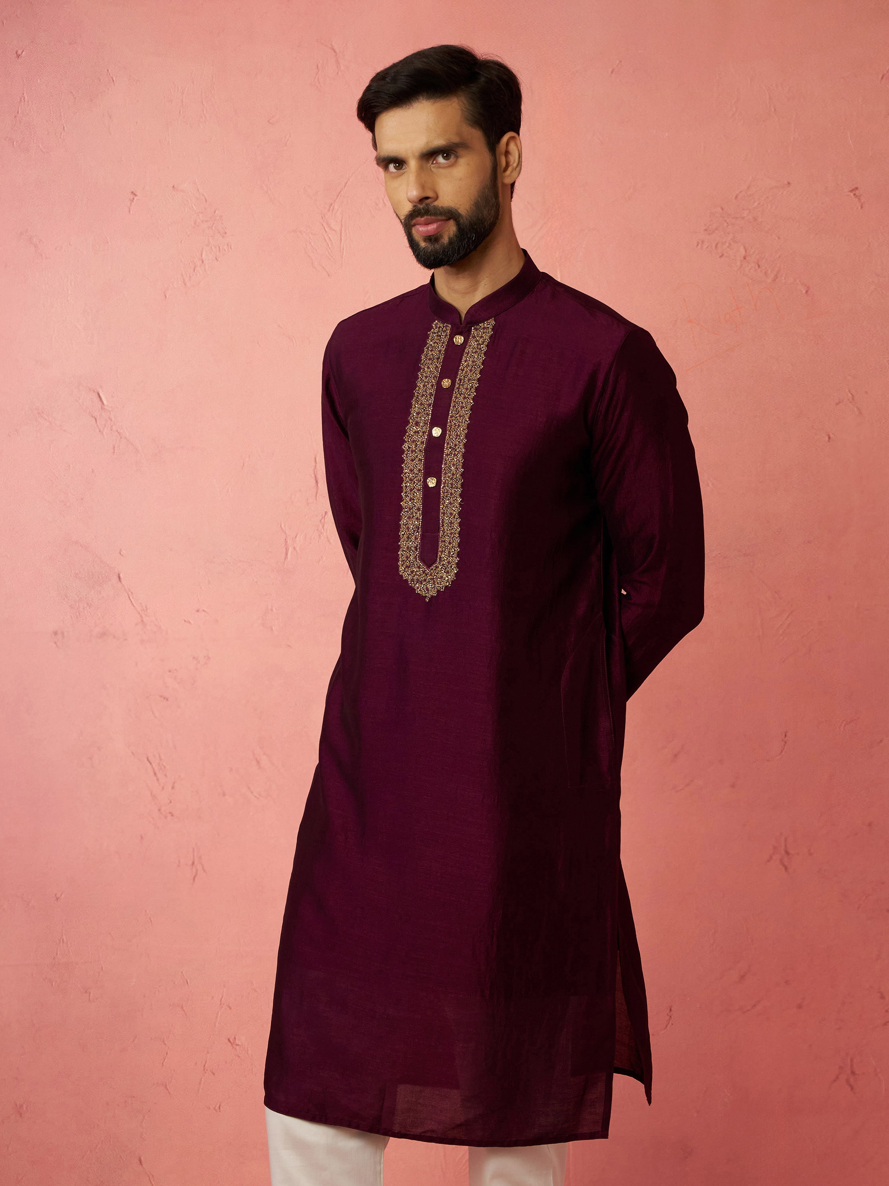 Men's's Wine Vichitra Silk Kurta - Traditional Embroidered Wedding Ethnic Wear