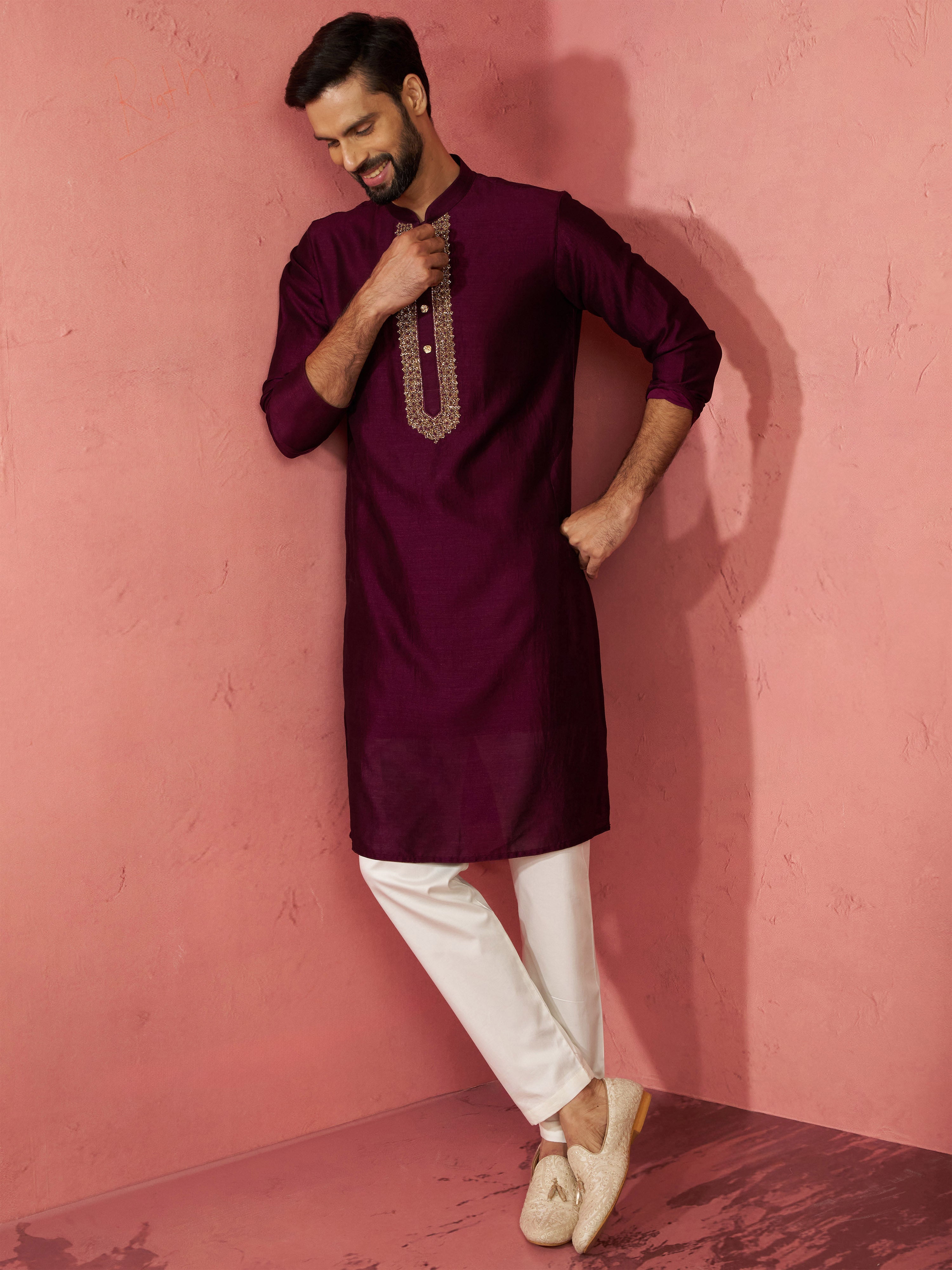 Men's's Wine Vichitra Silk Kurta - Traditional Embroidered Wedding Ethnic Wear