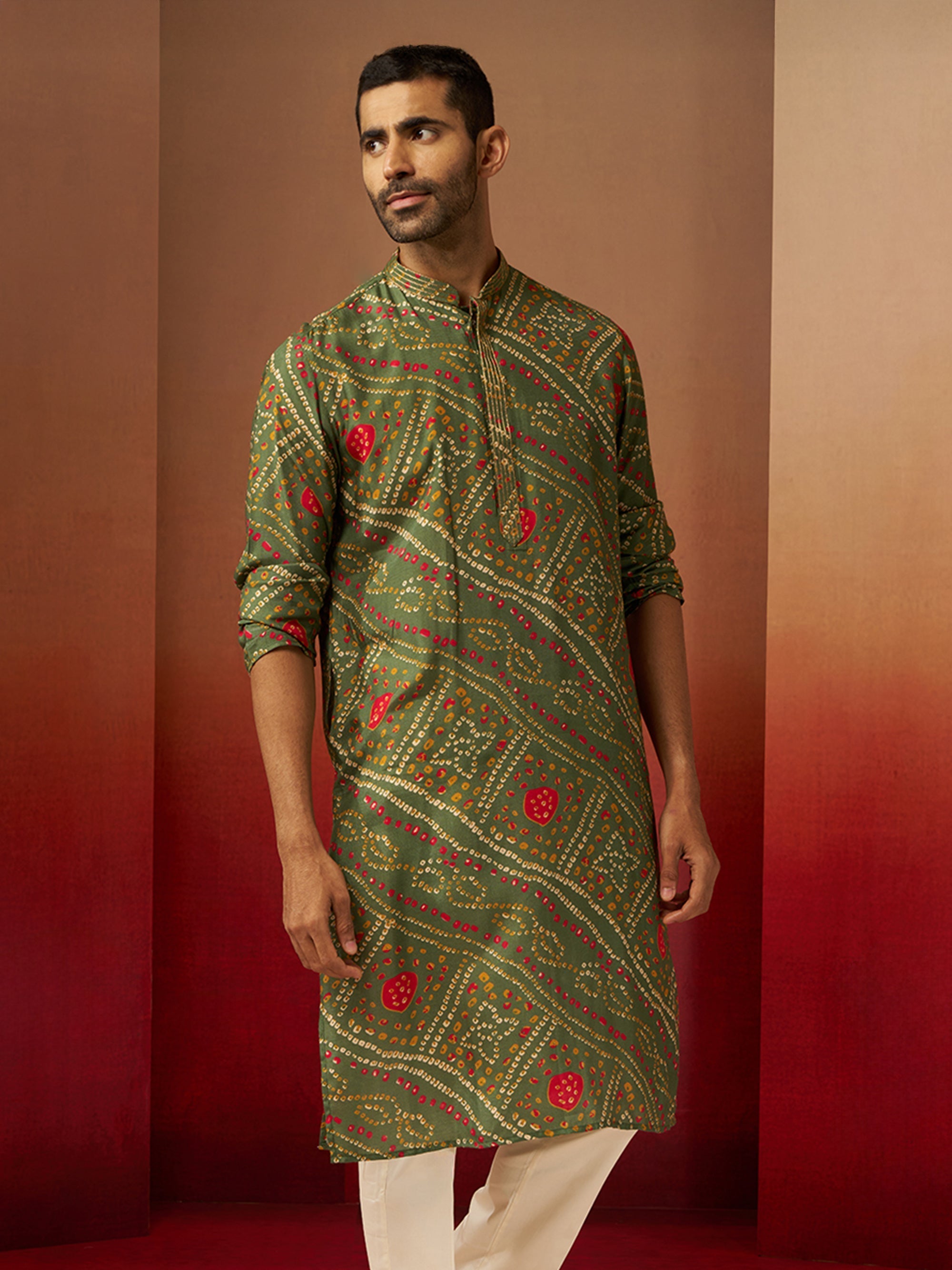 Vastramay Men Green Pure Muslin Bandhani Print Kurta