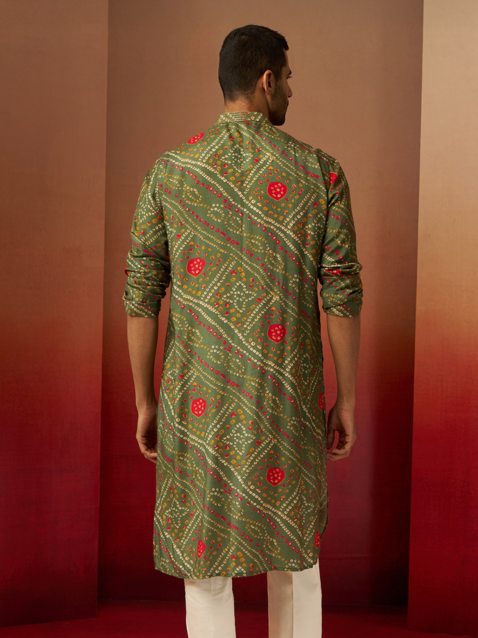 Vastramay Men Green Pure Muslin Bandhani Print Kurta