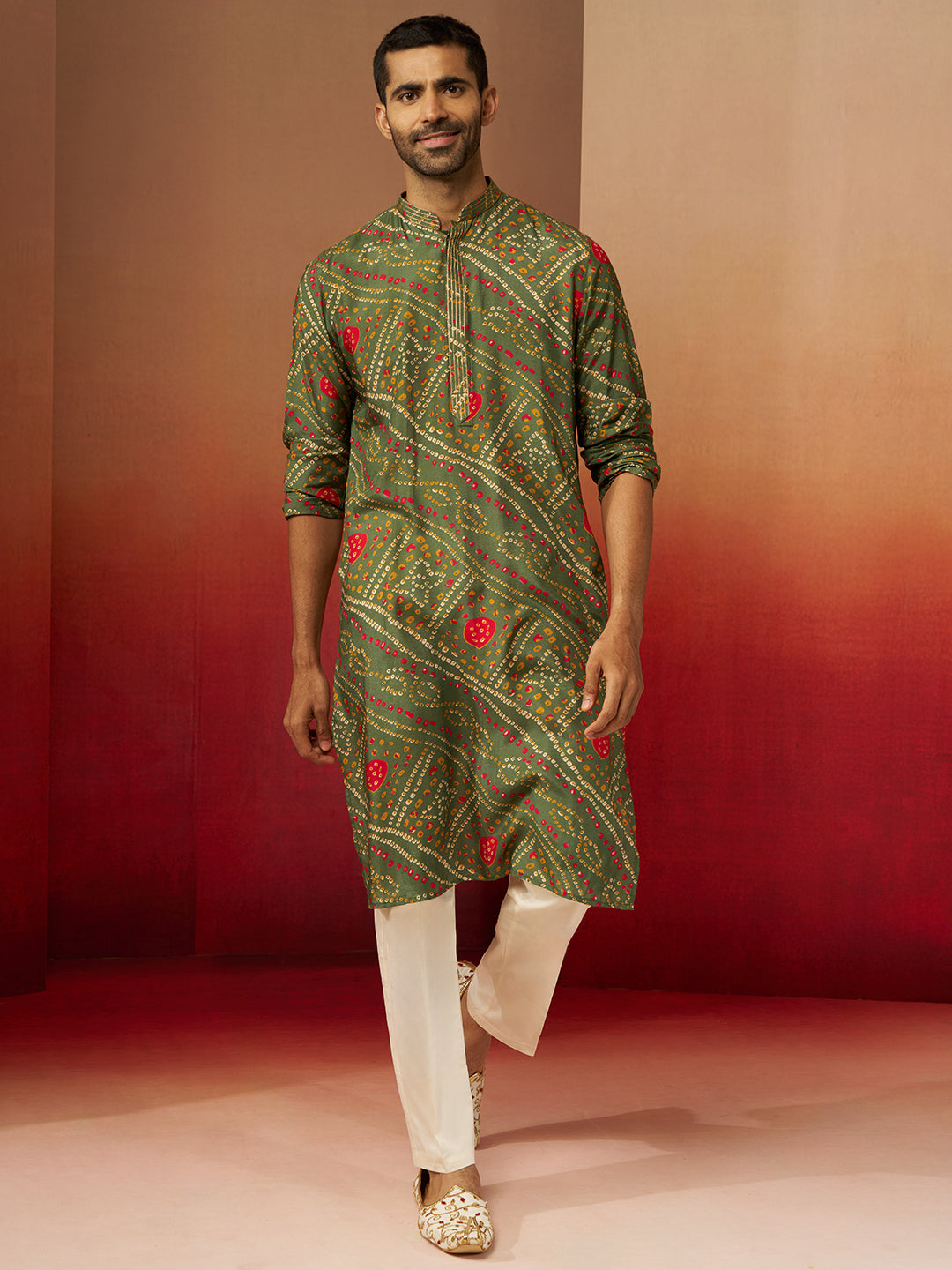 Men's Green Bandhni Kurta Pyjama Set