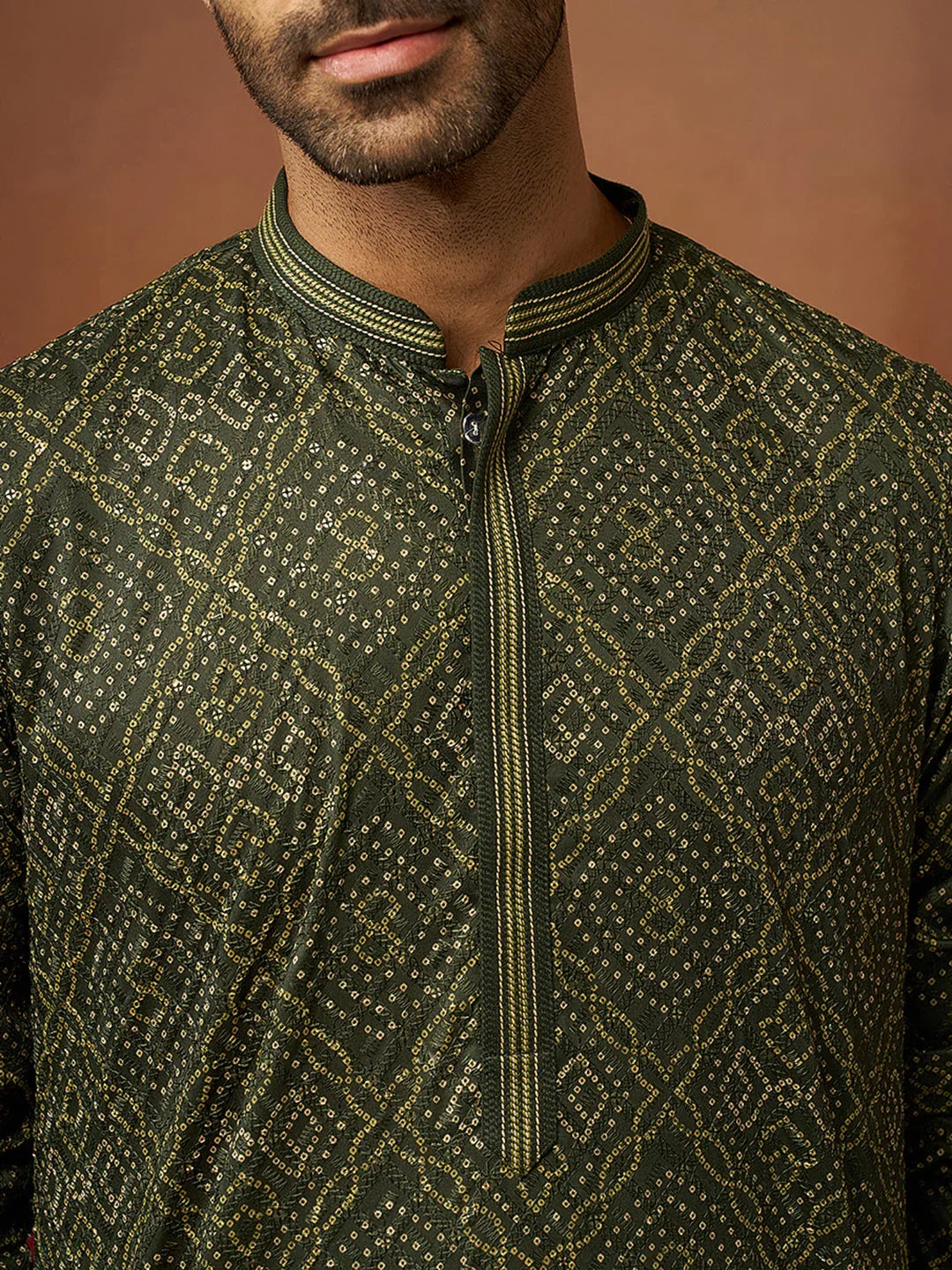 Men's Green Bandhani Gems Work Kurta with Pyjama