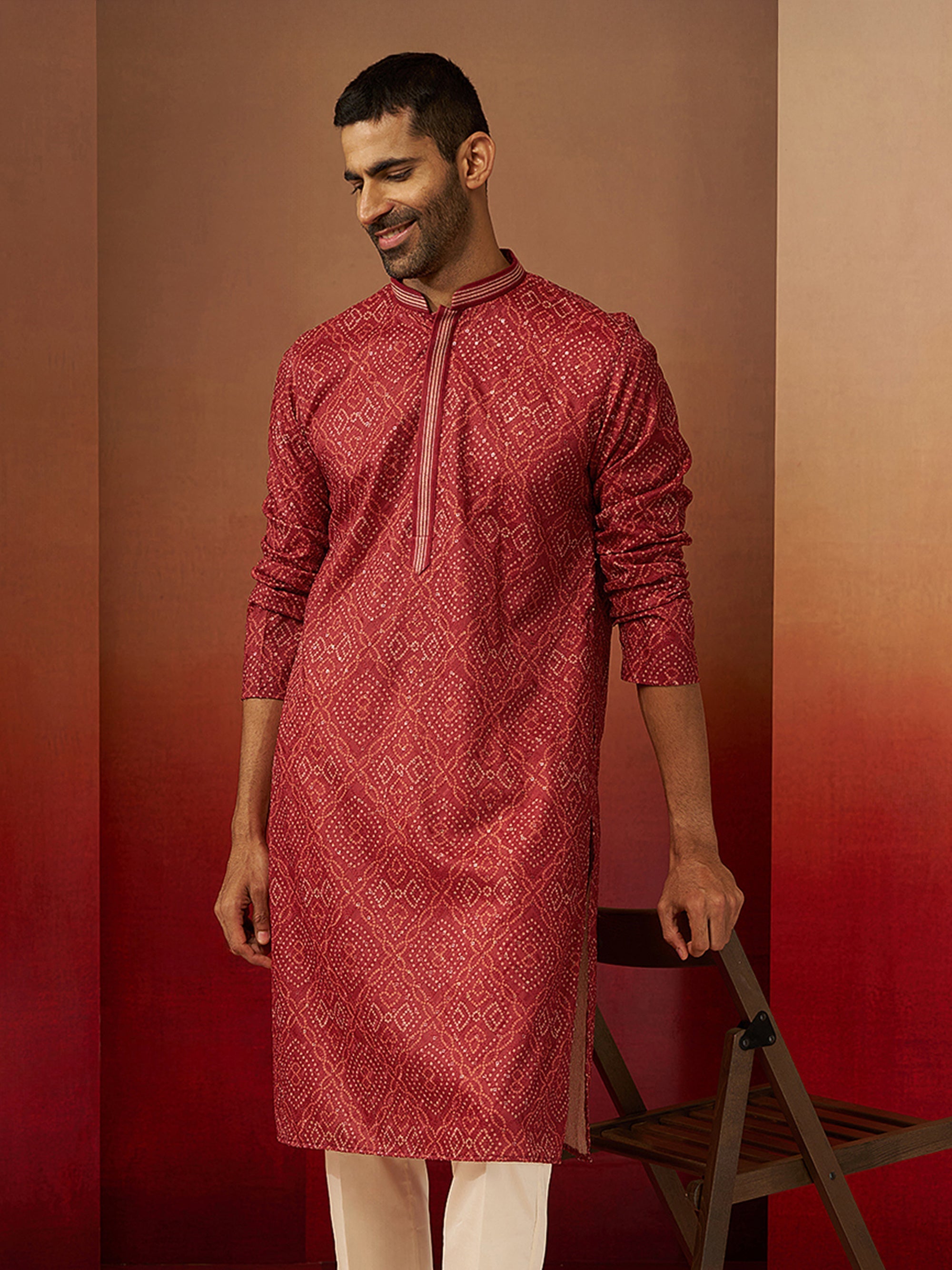Men Rust Cotton Bandhani Embroidered Kurta