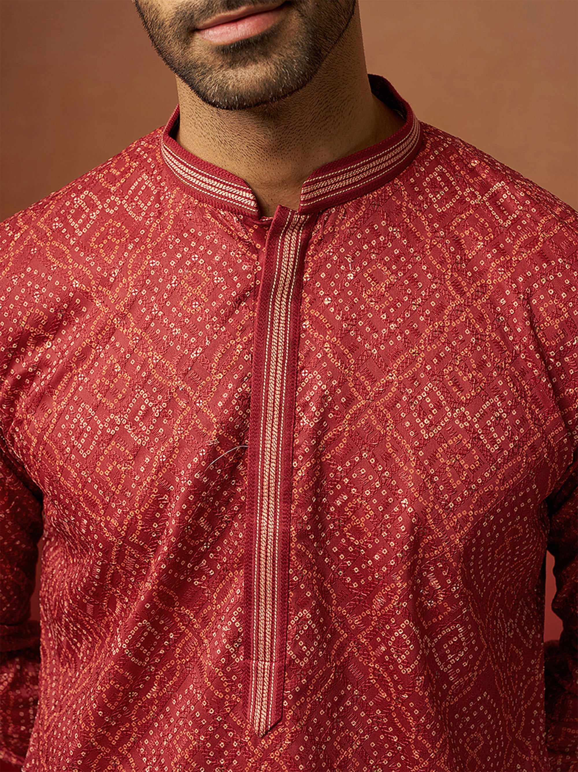 Men's Rust Cotton Bandhni Embroidered Kurta