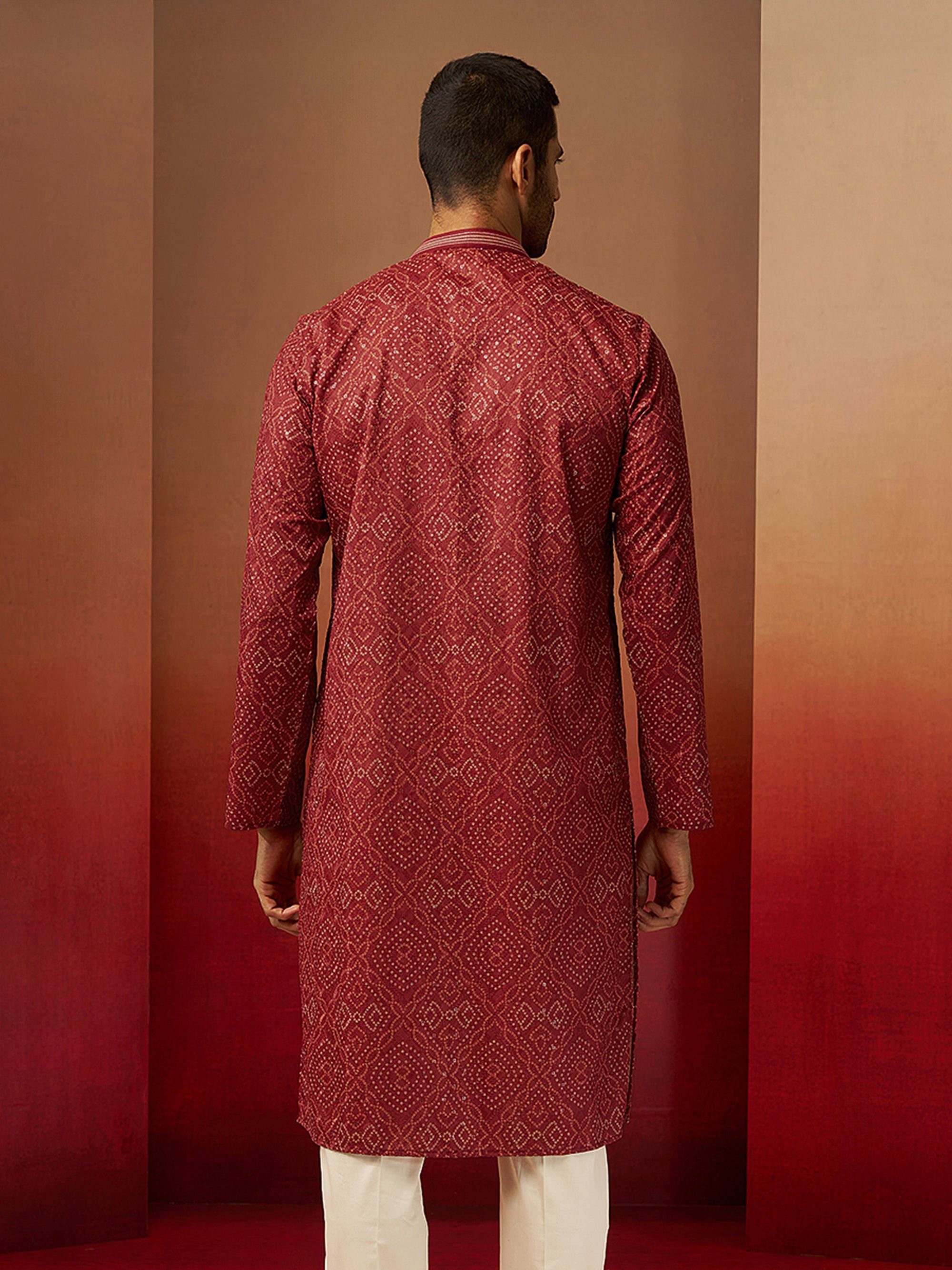 Men's Rust Cotton Bandhni Embroidered Kurta