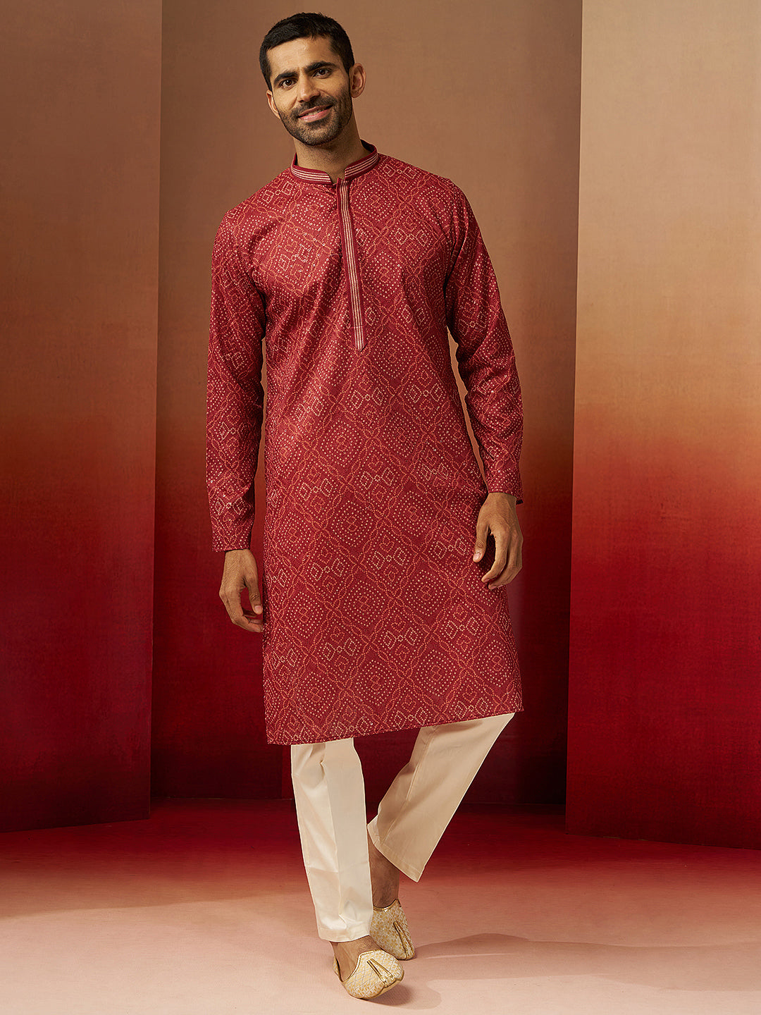 Men's Rust Cotton Bandhni Embroidered Kurta