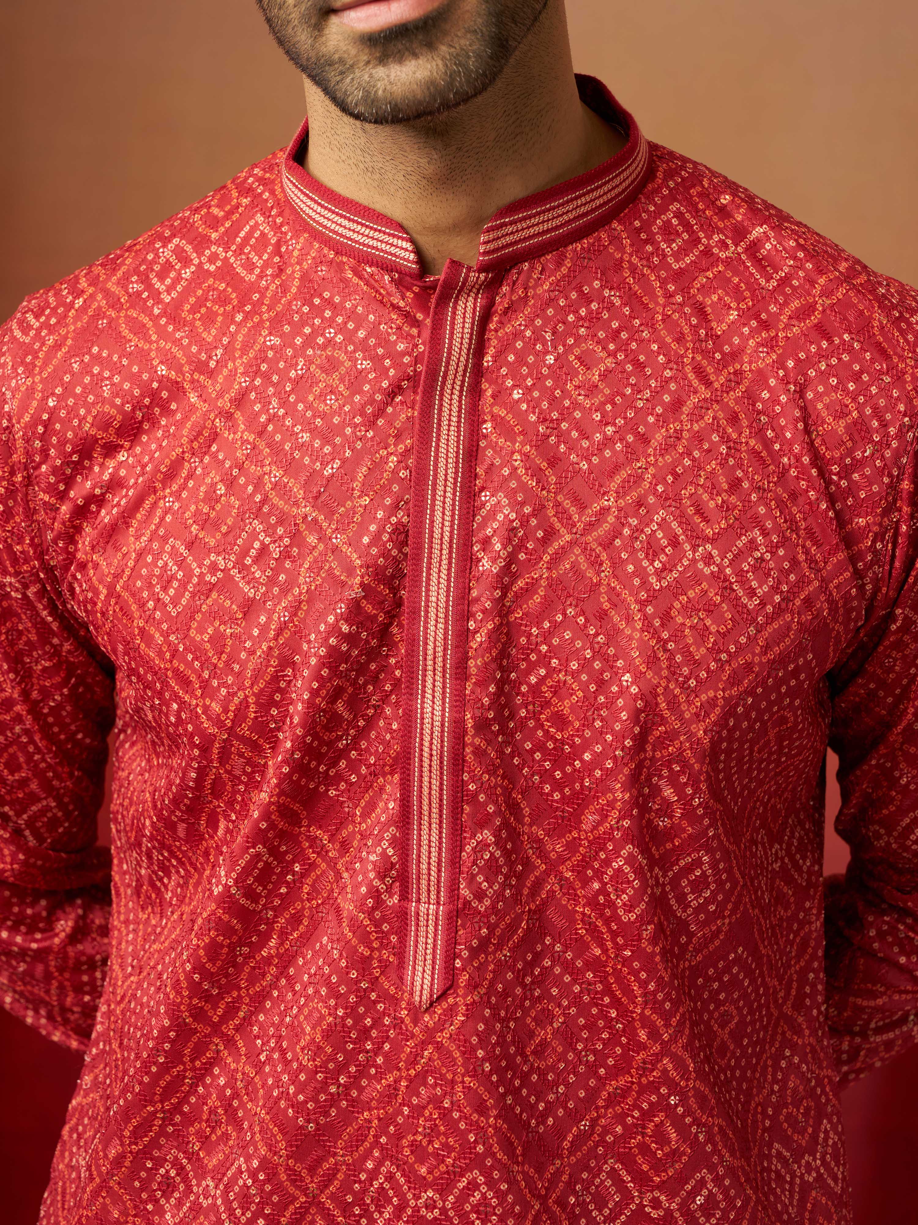 Men's Rust Bandhni Kurta Pyjama Set