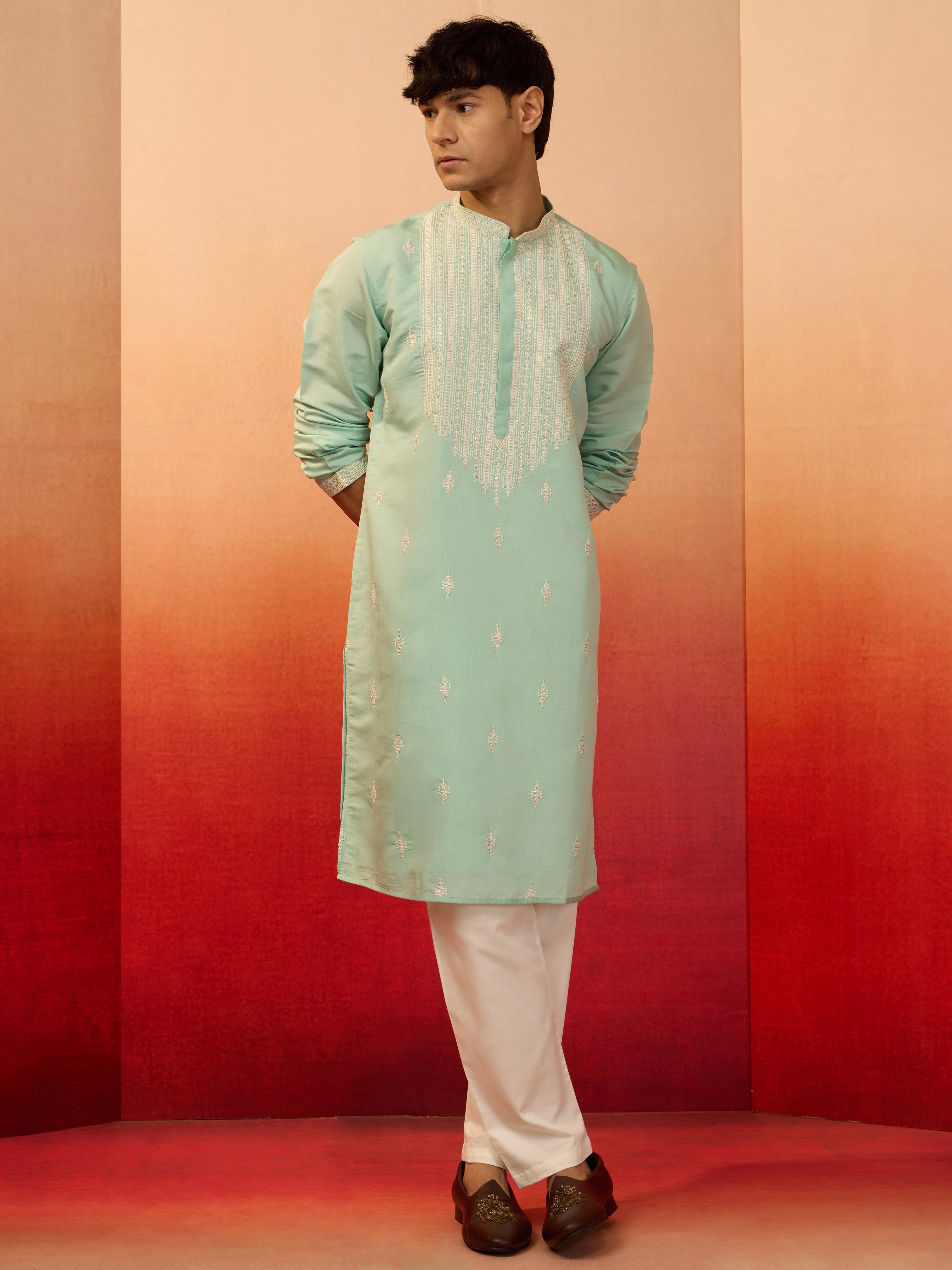 Men's Mint Green Silk Blend Embroidered Kurta with Cream Pyjama