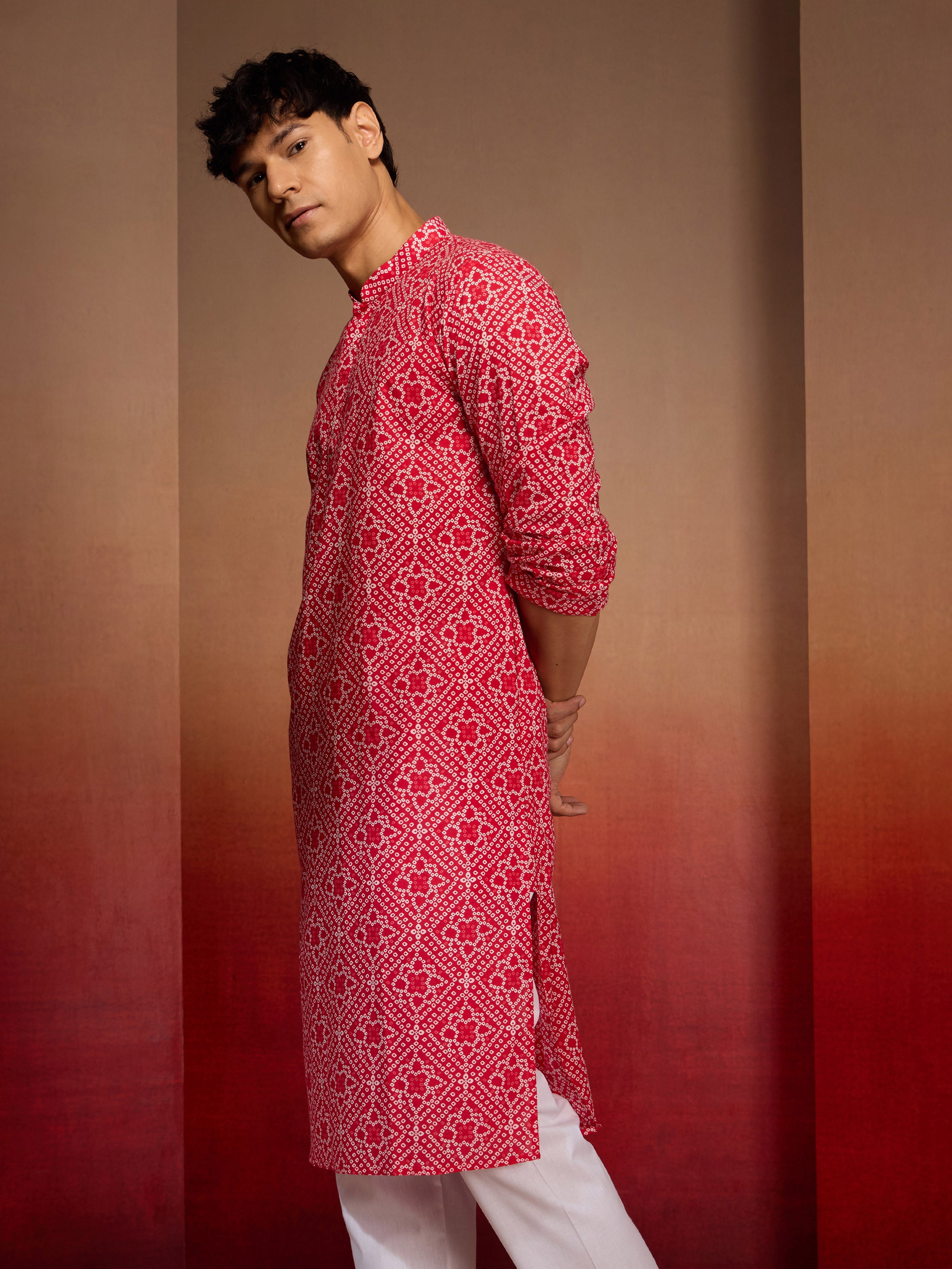 Men's Red Cotton Cambric Bandhni Kurta