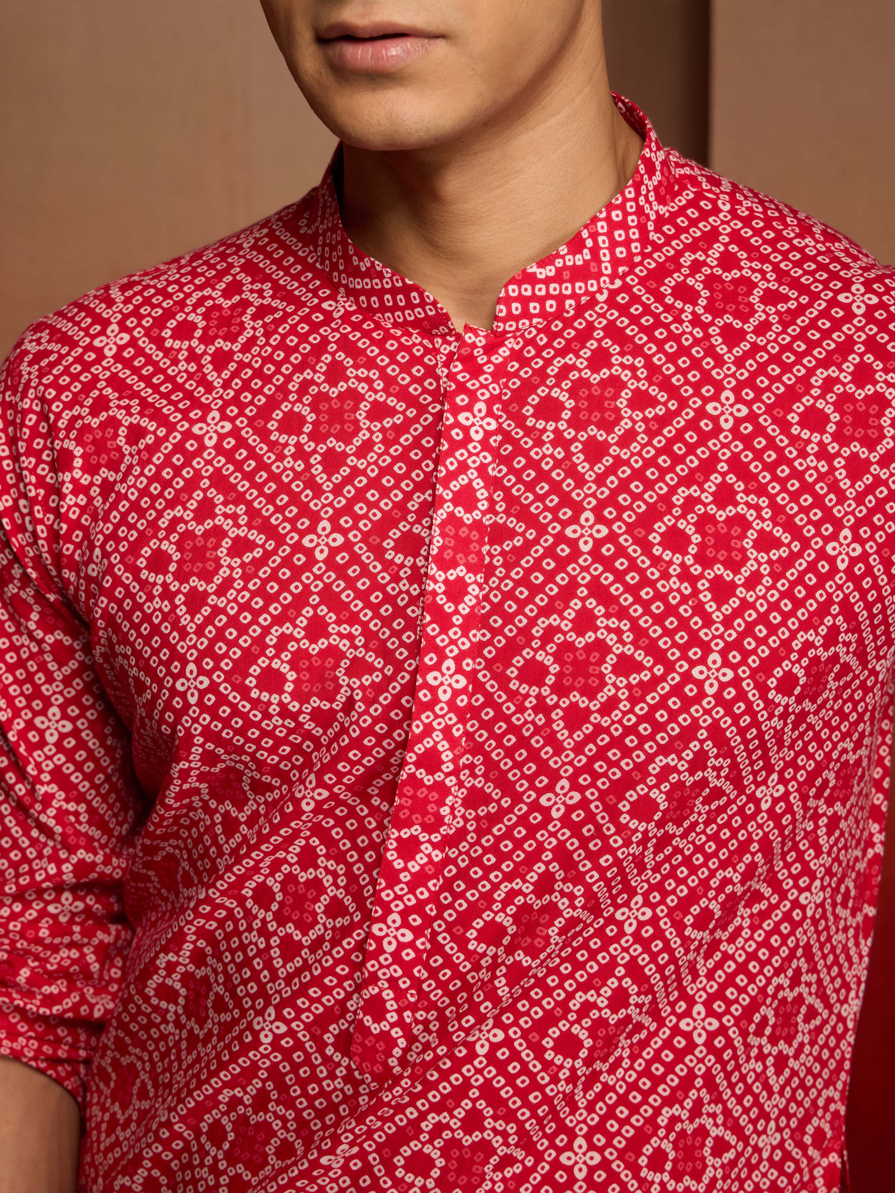 Men's Red Cotton Cambric Bandhni Kurta