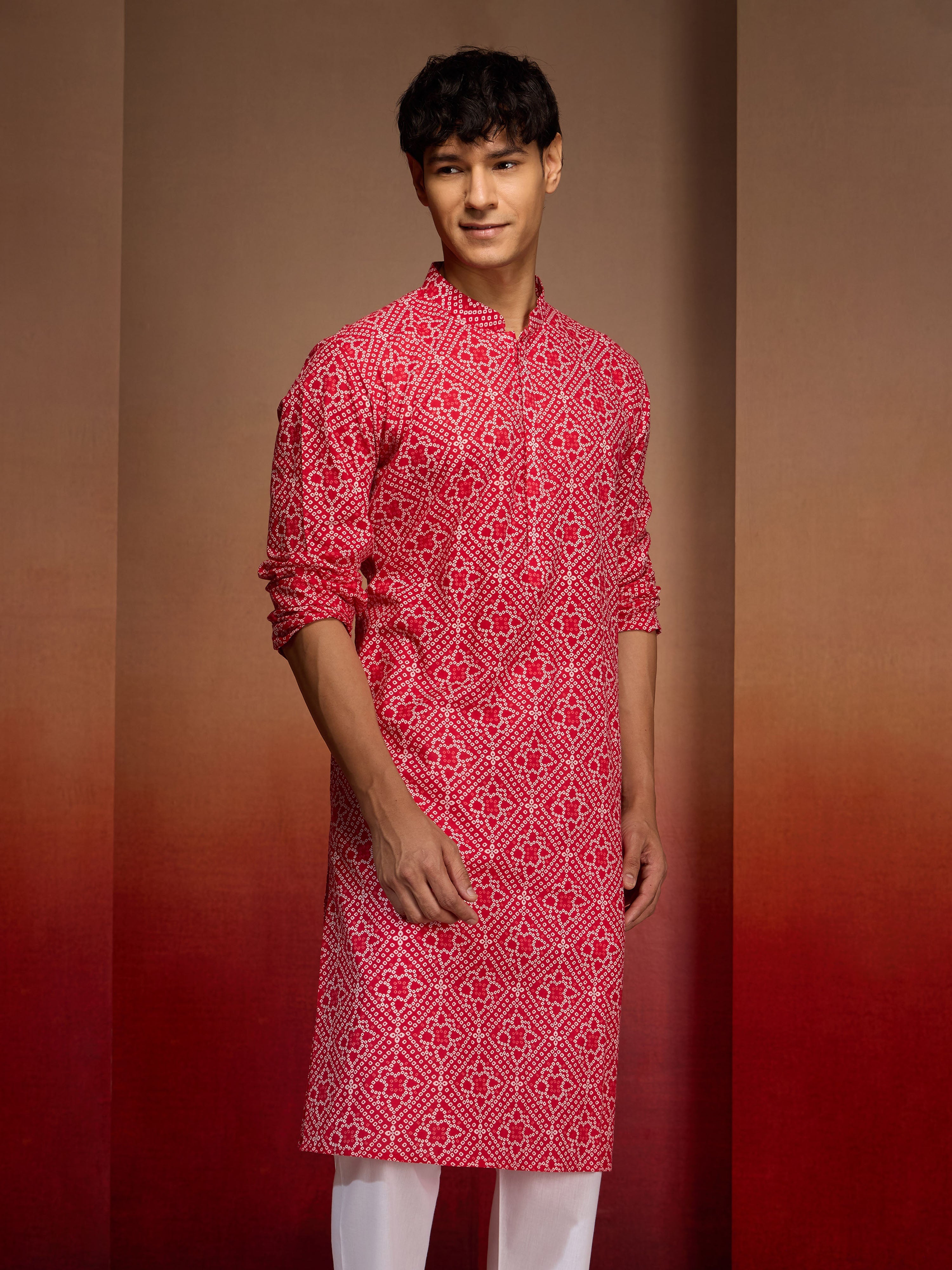 Men's Red Cotton Cambric Bandhani Kurta