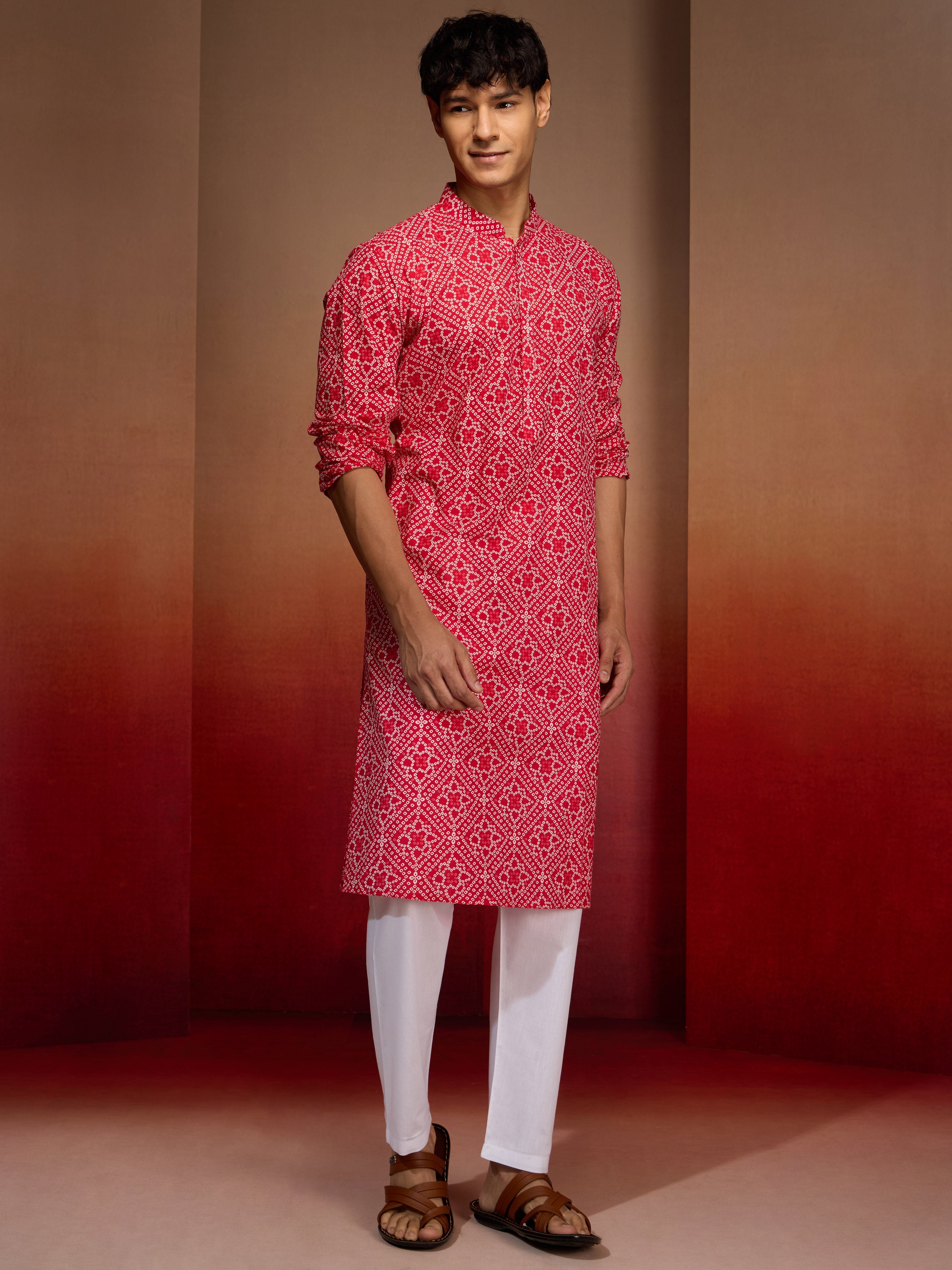 Men's Red Bandhni Kurta Pyjama Set