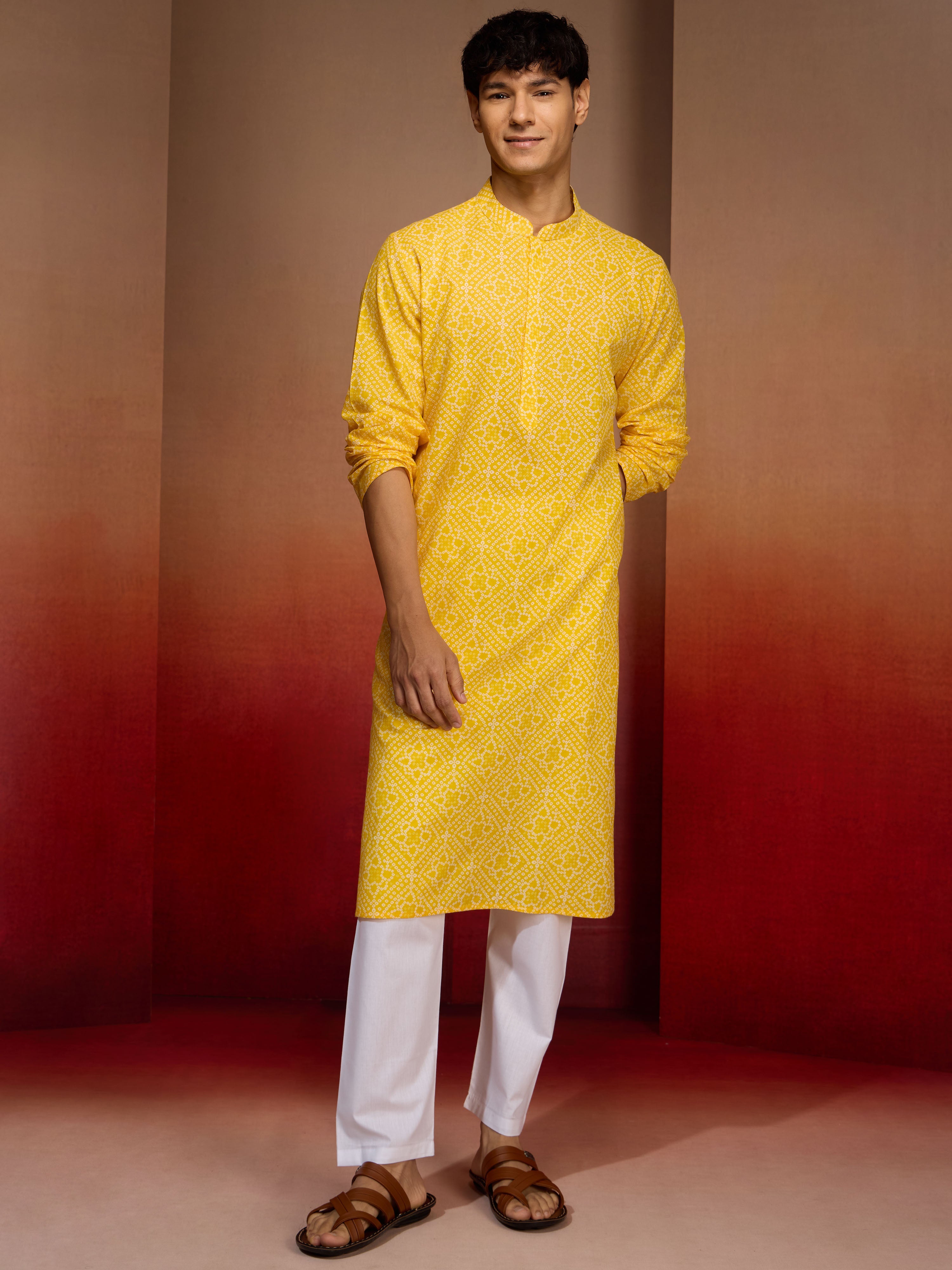 Men's Yellow Bandhni Kurta with Pyjama Set
