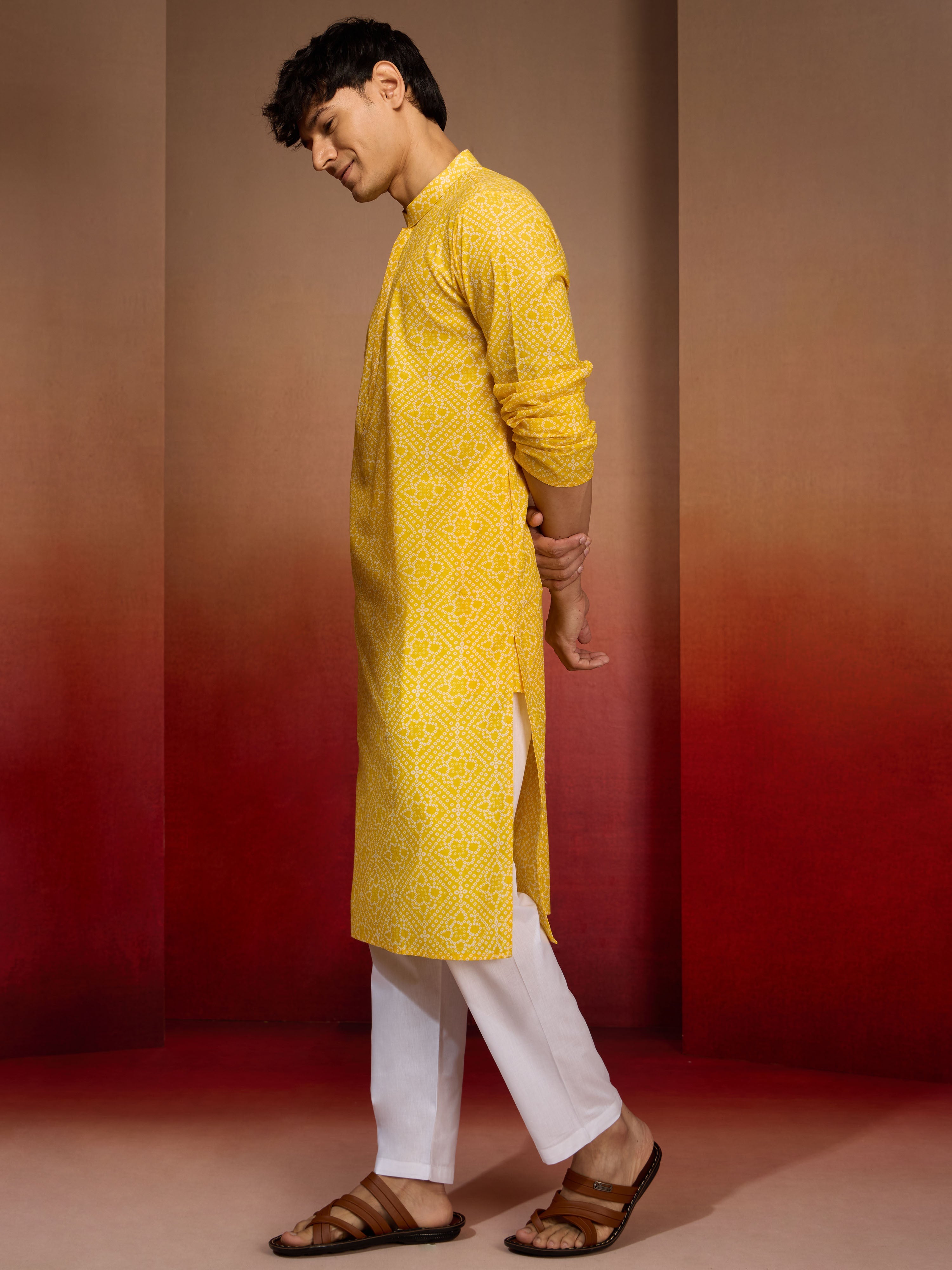 Men's Yellow Bandhni Kurta with Pyjama Set