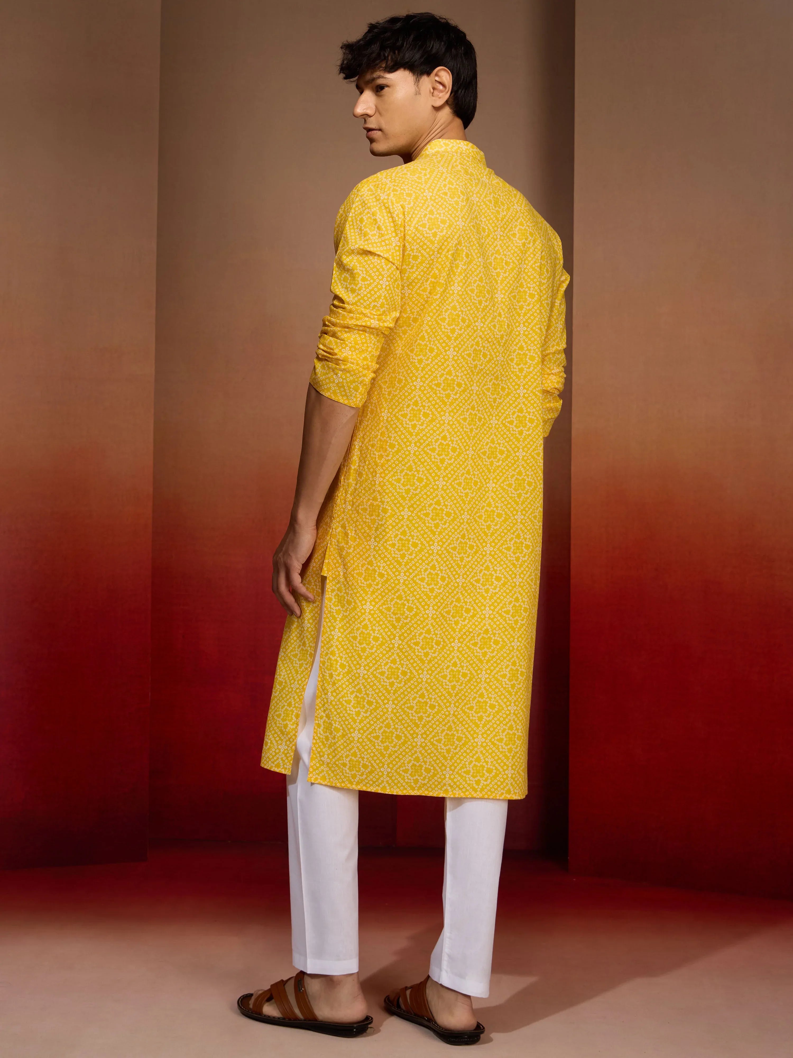 Mens Yellow Bandhani Kurta with Pyjama