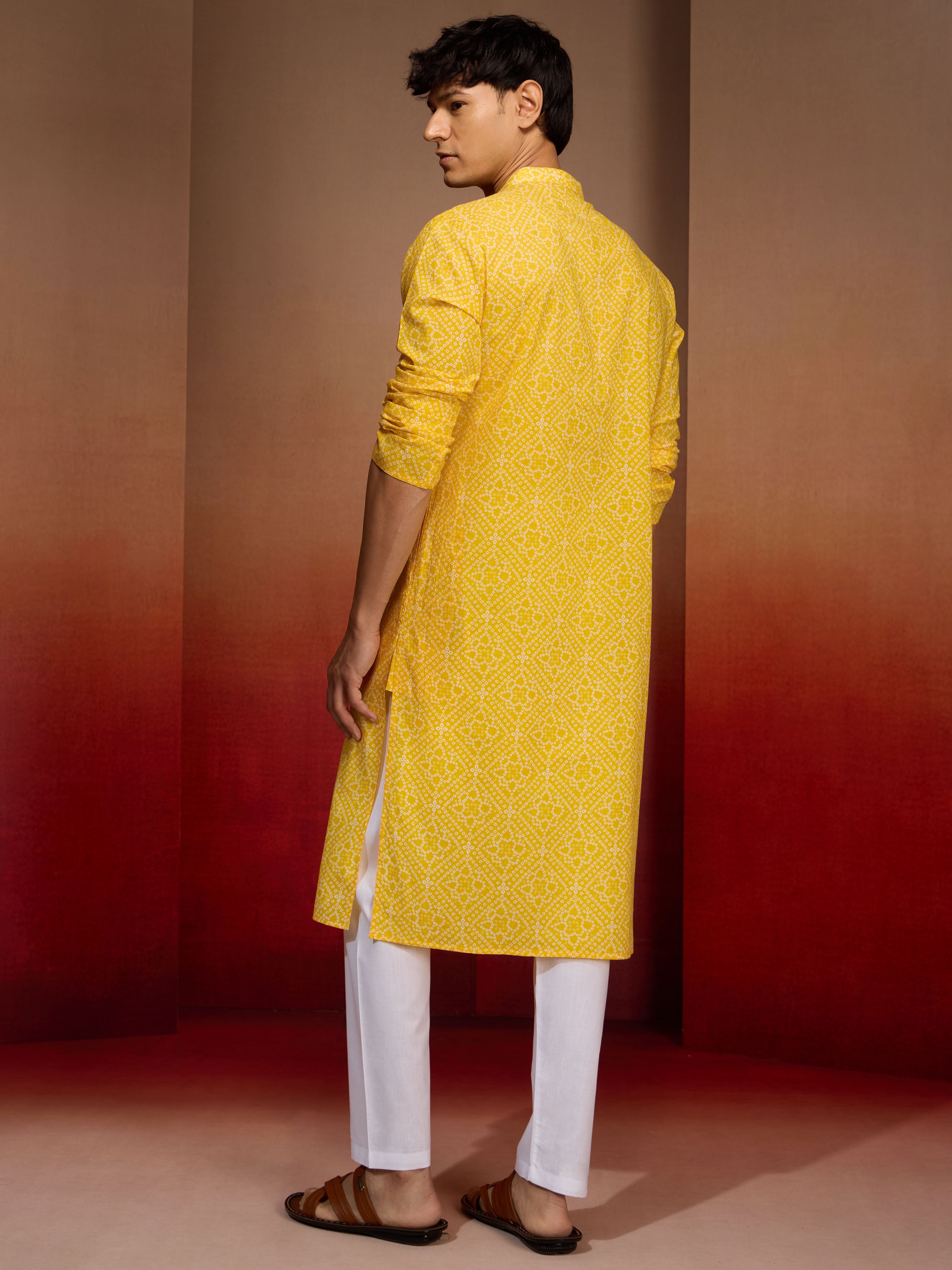 Men's Yellow Bandhni Kurta with Pyjama Set