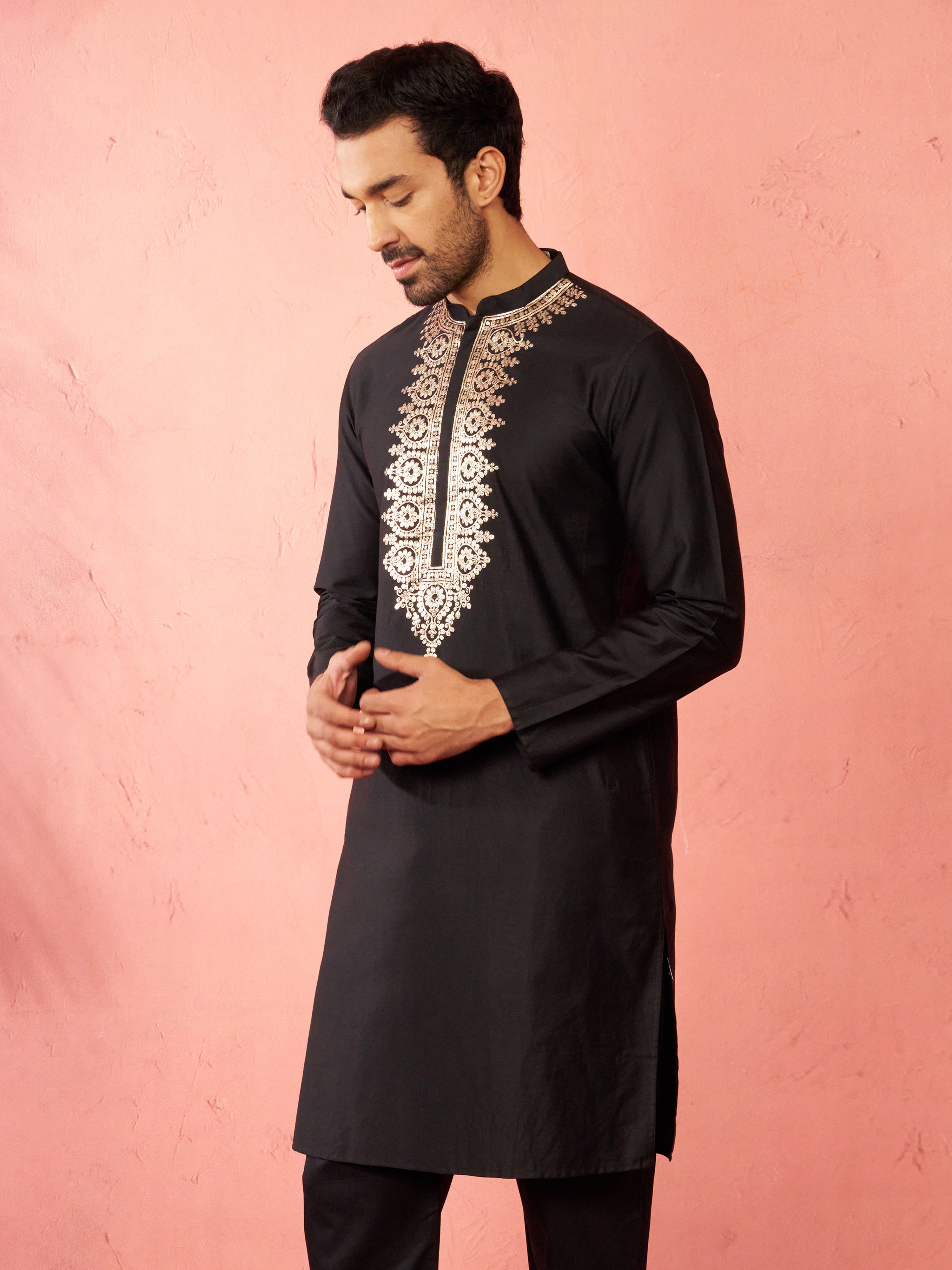 Men's Black Fine Satin Hand Embroidered Kurta