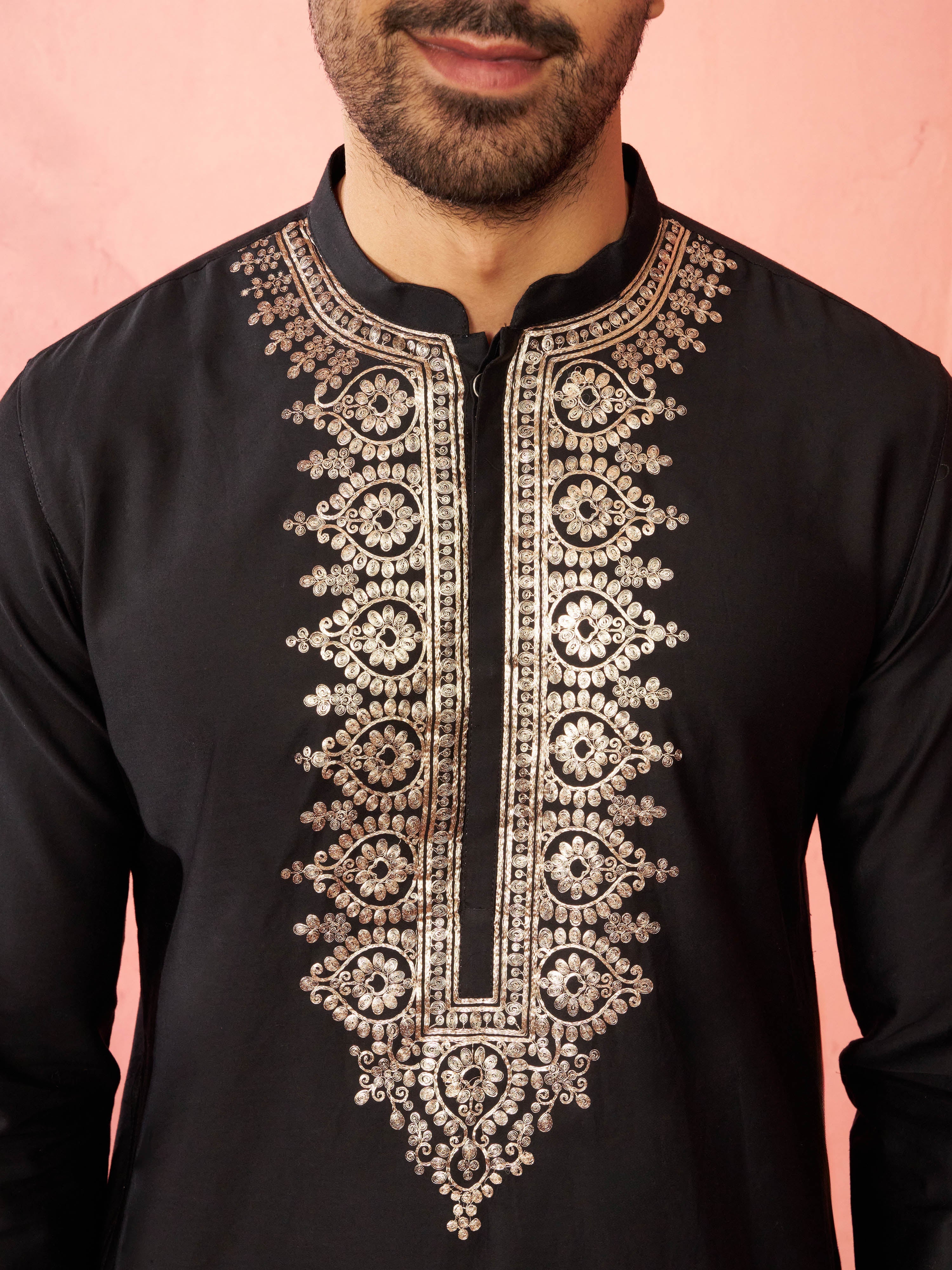 Men's Black Fine Satin Kurta with Pyjama