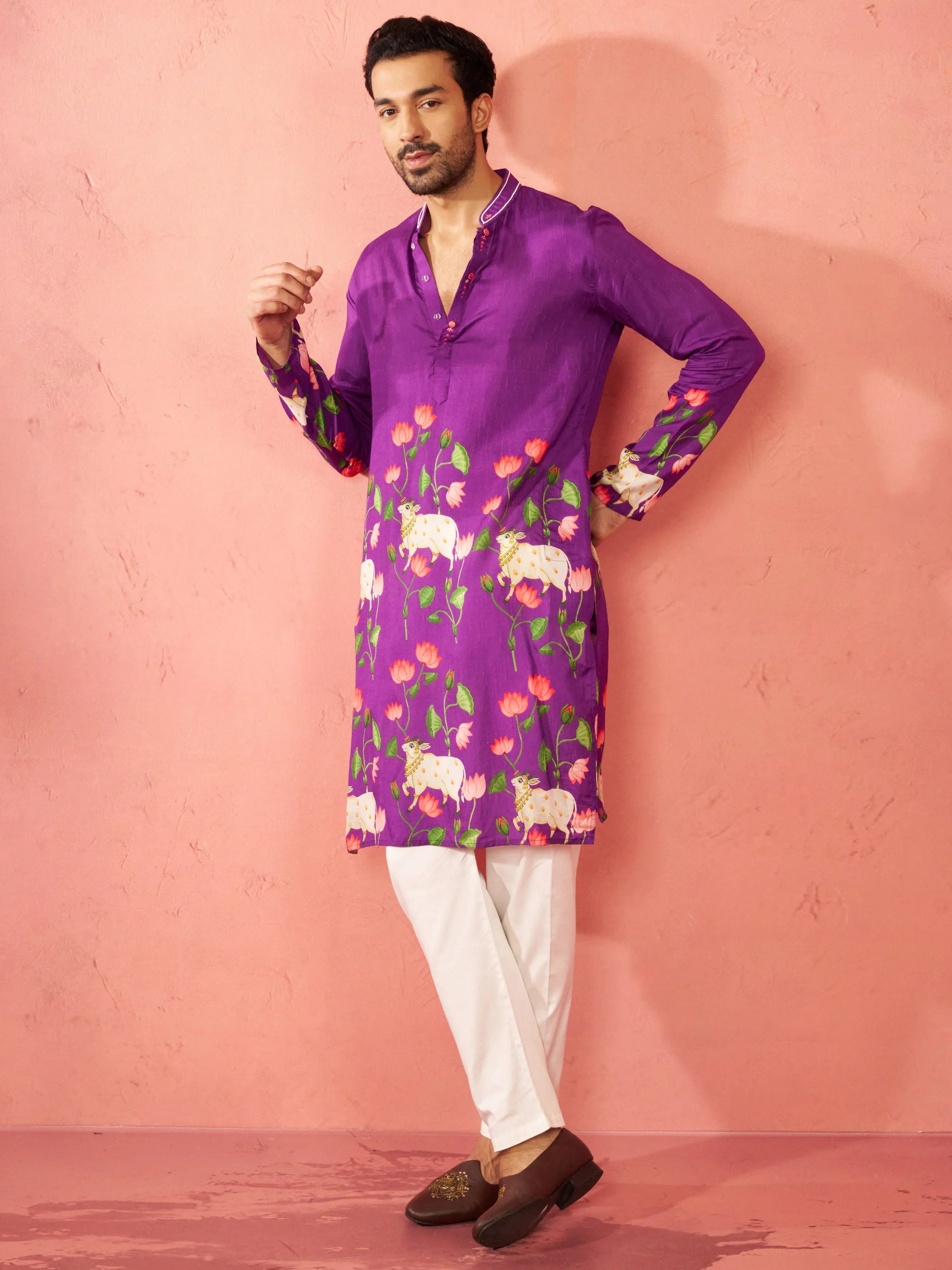 Men's Purple Digital Print Long Kurta