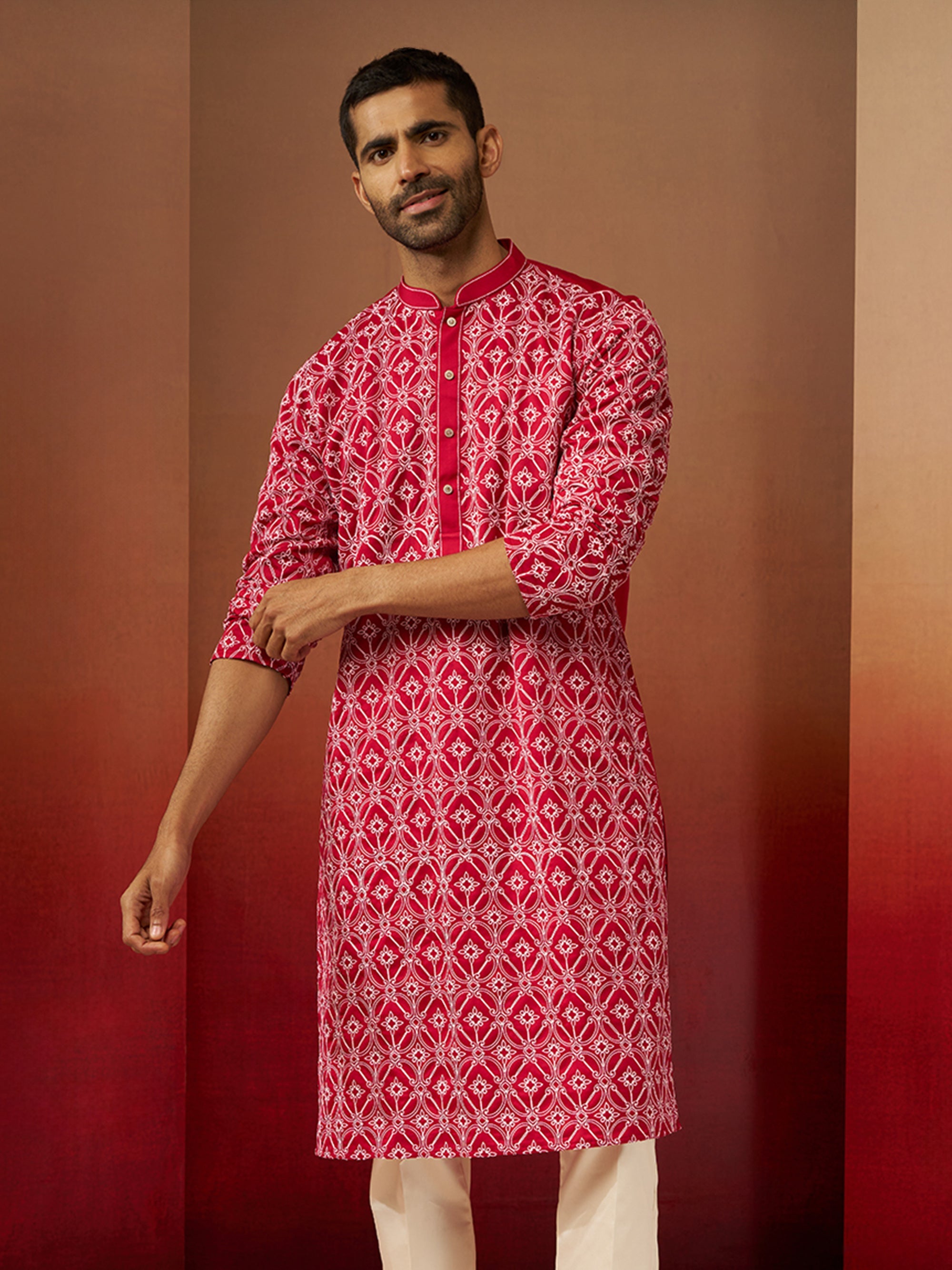 Vastramay Men Red Linen Silk Thread Embroidered Kurta